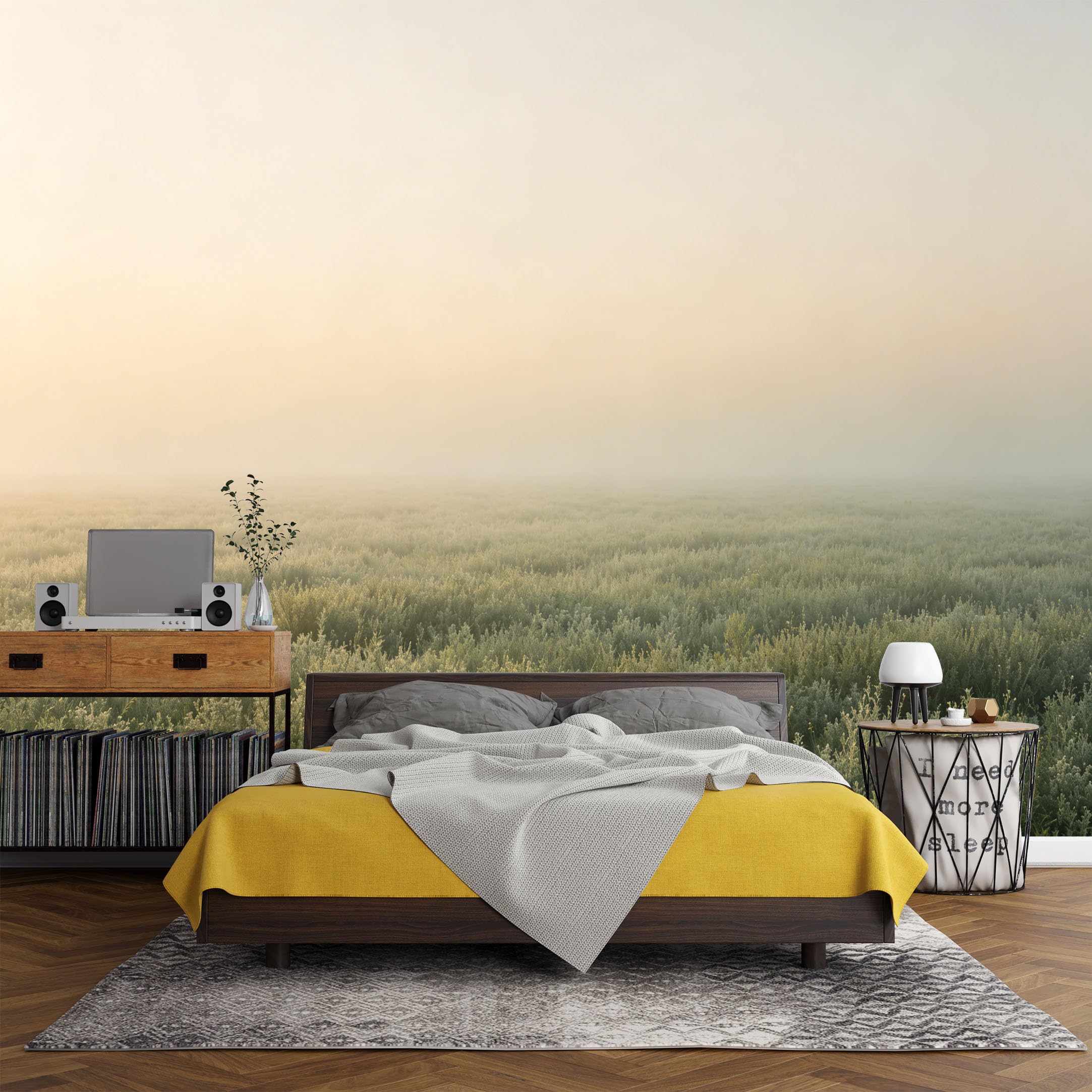 Custom Size Wall Mural， Landscape Morning Mist Meadow Field Sunrise Horizon，SelfAdhesive Art Prints wall Fabric (No PVC) Removable Wallpaper Living Room Decor