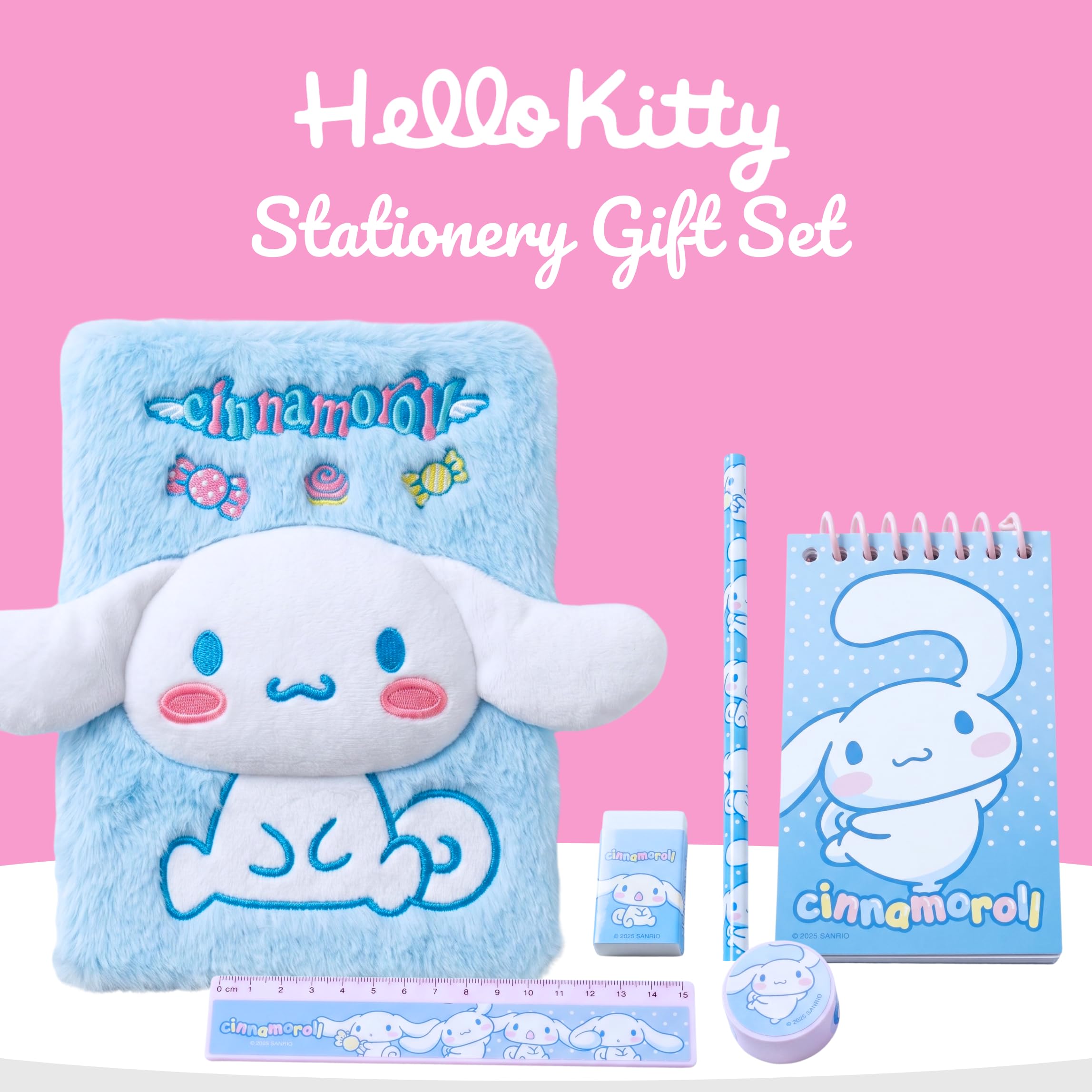 Hello Kitty Cinnamoroll Ensemble de Papeterie pour Filles, Comprenant Carnet en Peluche 3D, Règle, Taille-Crayon, Gomme, Bloc-Notes et Un Crayon, Cadeau pour Enfants