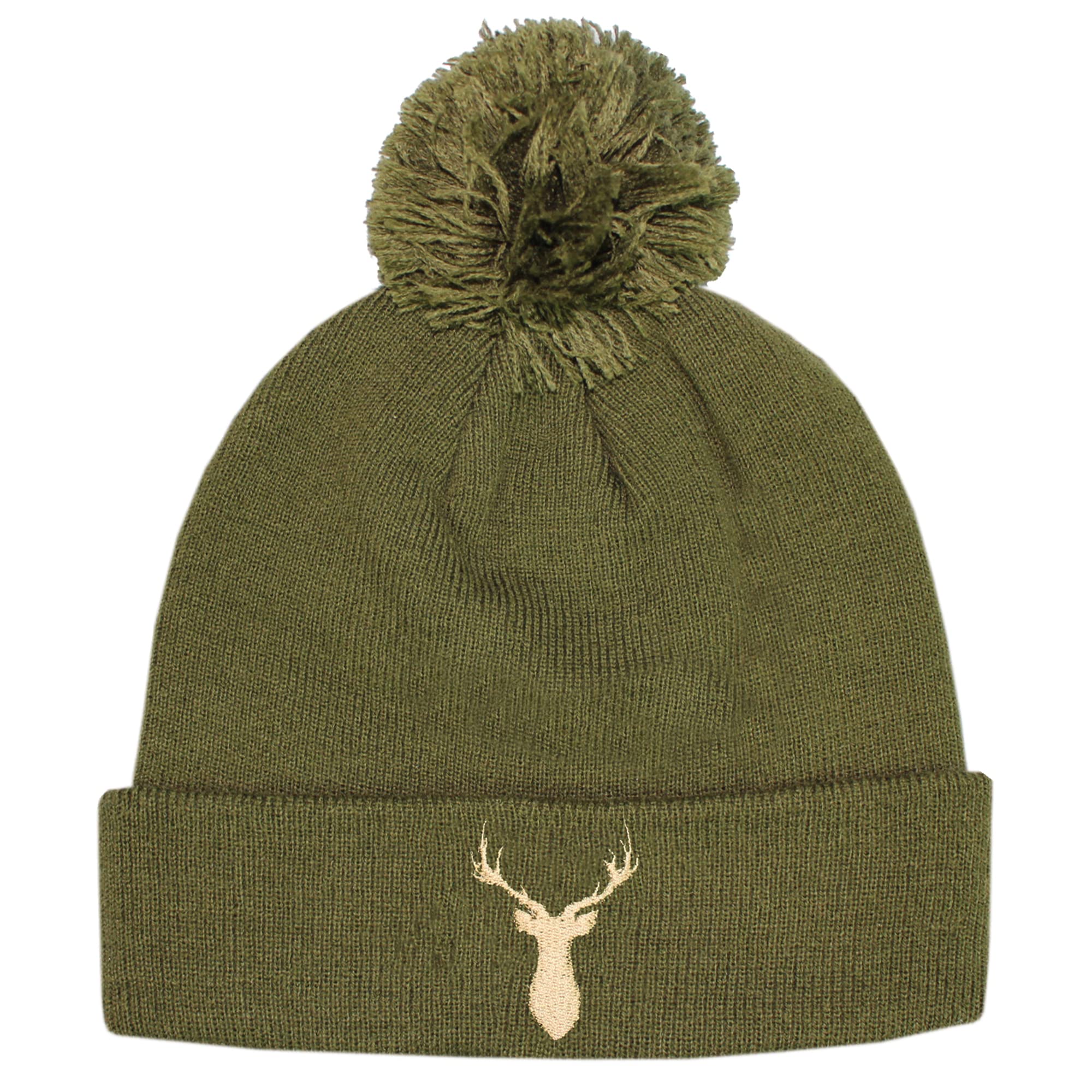 Teddyts Men's Khaki Green Unisex Adult Stag Embroidered Thermal Bobble Beanie Hat (Khaki Green), M