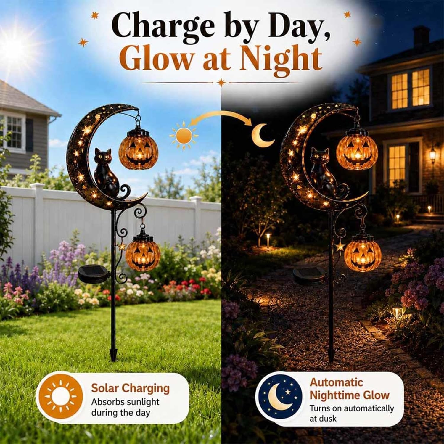 Pumpkin Moon Garden Stake Light with Two Pumpkins Outdoor Waterproof Solar Pumpkin Moon Cat, Halloween Decorations for Patio,Lawn,Pathway,C image 5