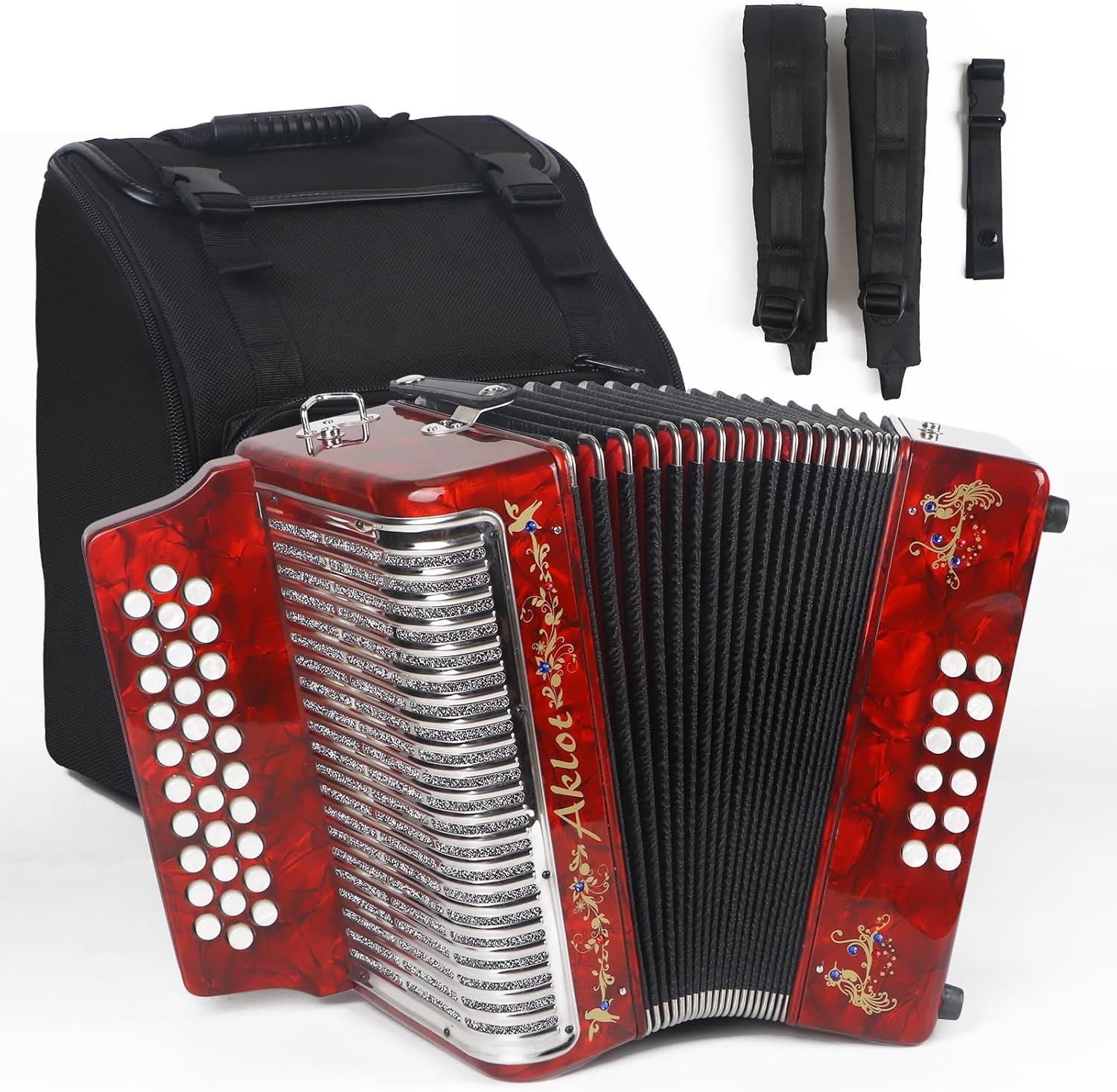 AKLOT 31 Key 12 Bass Accordion, GCF,Celluloid Body, Metal Cover Accordions Louder Clearer Timbre than Plastic,Luxury Thicker Backpack,Straps,Embedded Imitation Diamond 31 Buttons Diatonic Acordeón Red