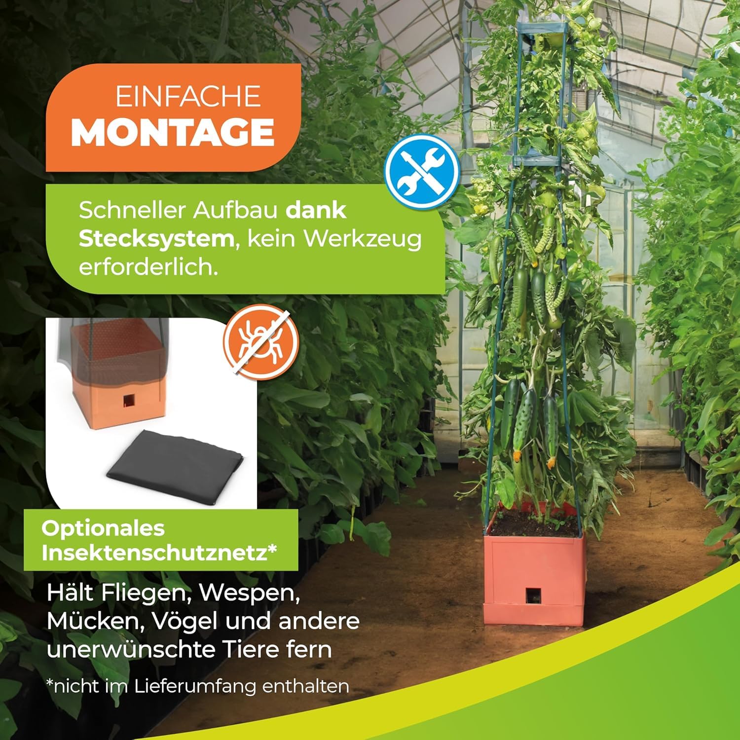 BioGreen Pflanzen-Aufzucht-Turm „Maxitom“ 3er-Set mit Rankhilfe und 2-Liter-Wasserspeicher | 16 Liter Fassungsvermögen | 150 cm Höhe | Farbe: Terracotta