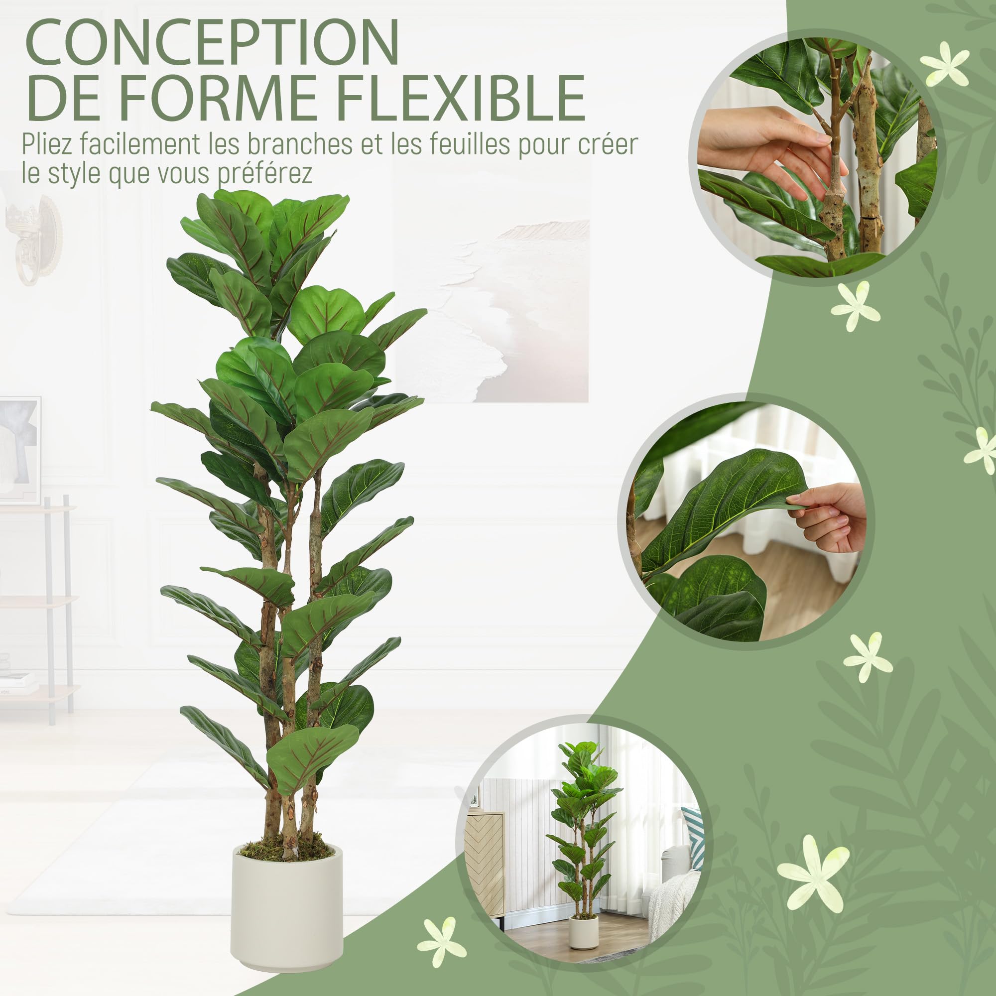 HOMCOM Plante Artificielle Intérieure 120 cm Figuier Lyre 45 Feuilles Vert