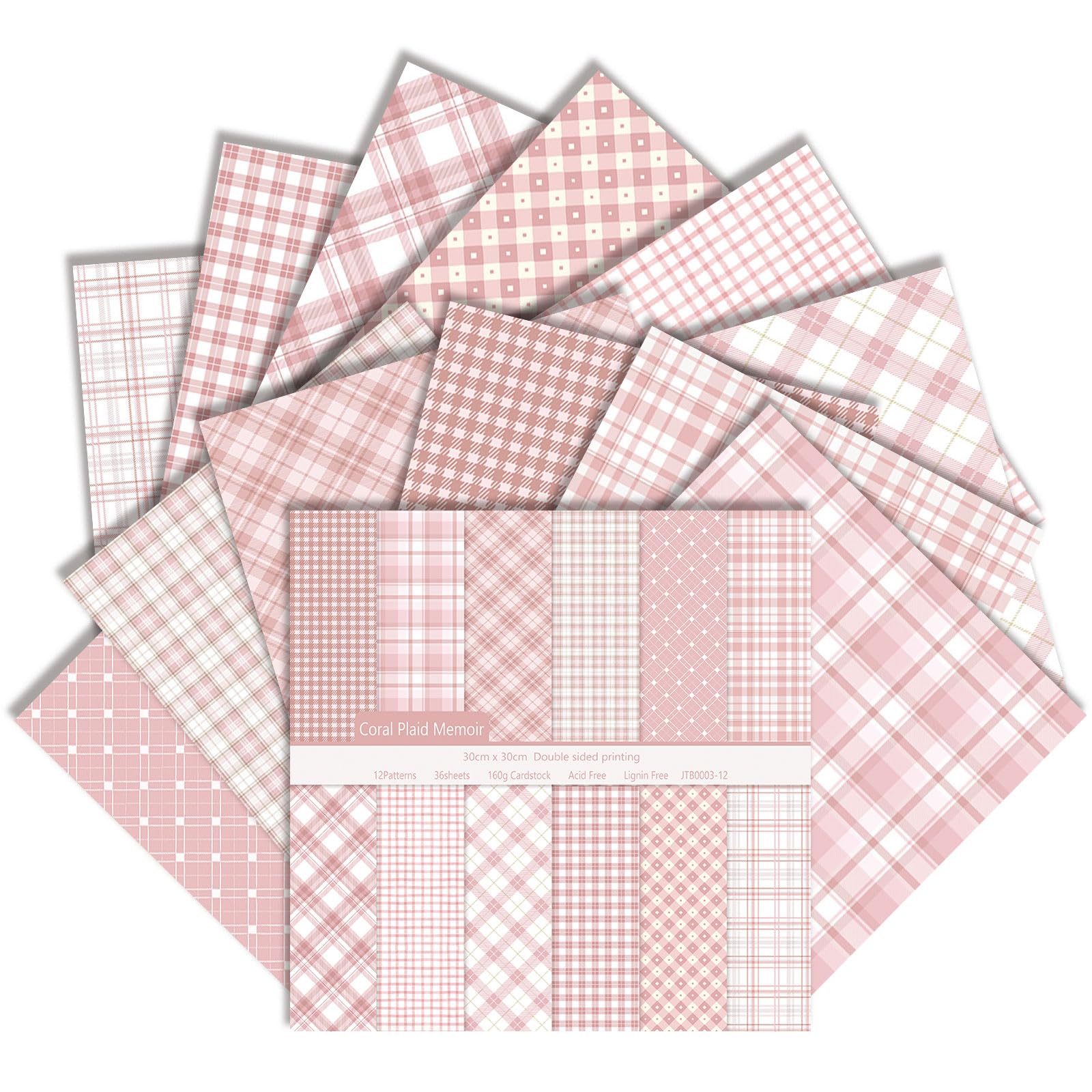 36 Sheets Scrapbook Paper 12x12 Inch, Double Sided, Plaid Pattern (Pink)