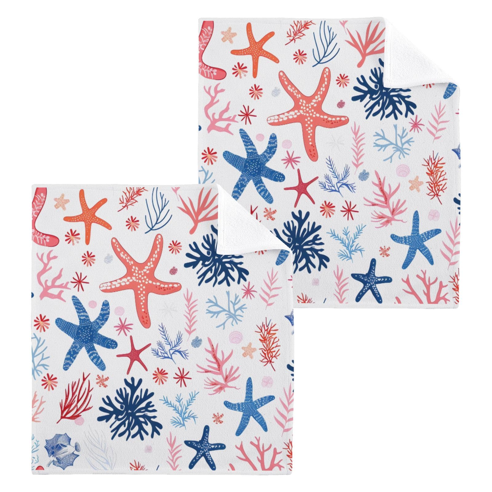 ALAZA Wash Cloth Set 100% Cotton Fingertip Towels Face Cloths Sets Coral Starfish Highly Absorbent Soft Feel Set of 2