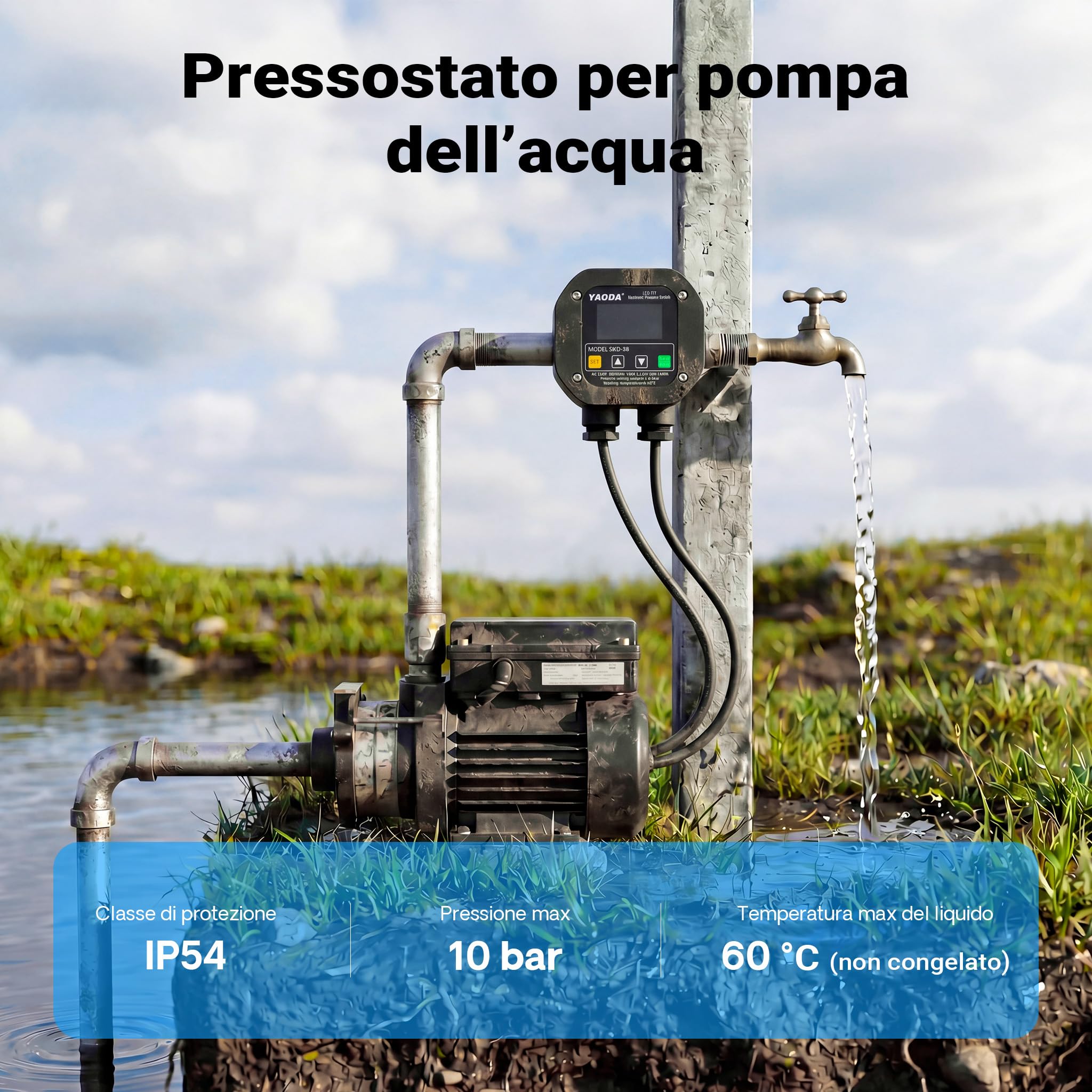 Wiltec Pressostato elettronico per impianti idrici domestici, pompe da giardino, pressostato con avvio/arresto automatico, protezione contro la mancanza d'acqua, sensore di pressione