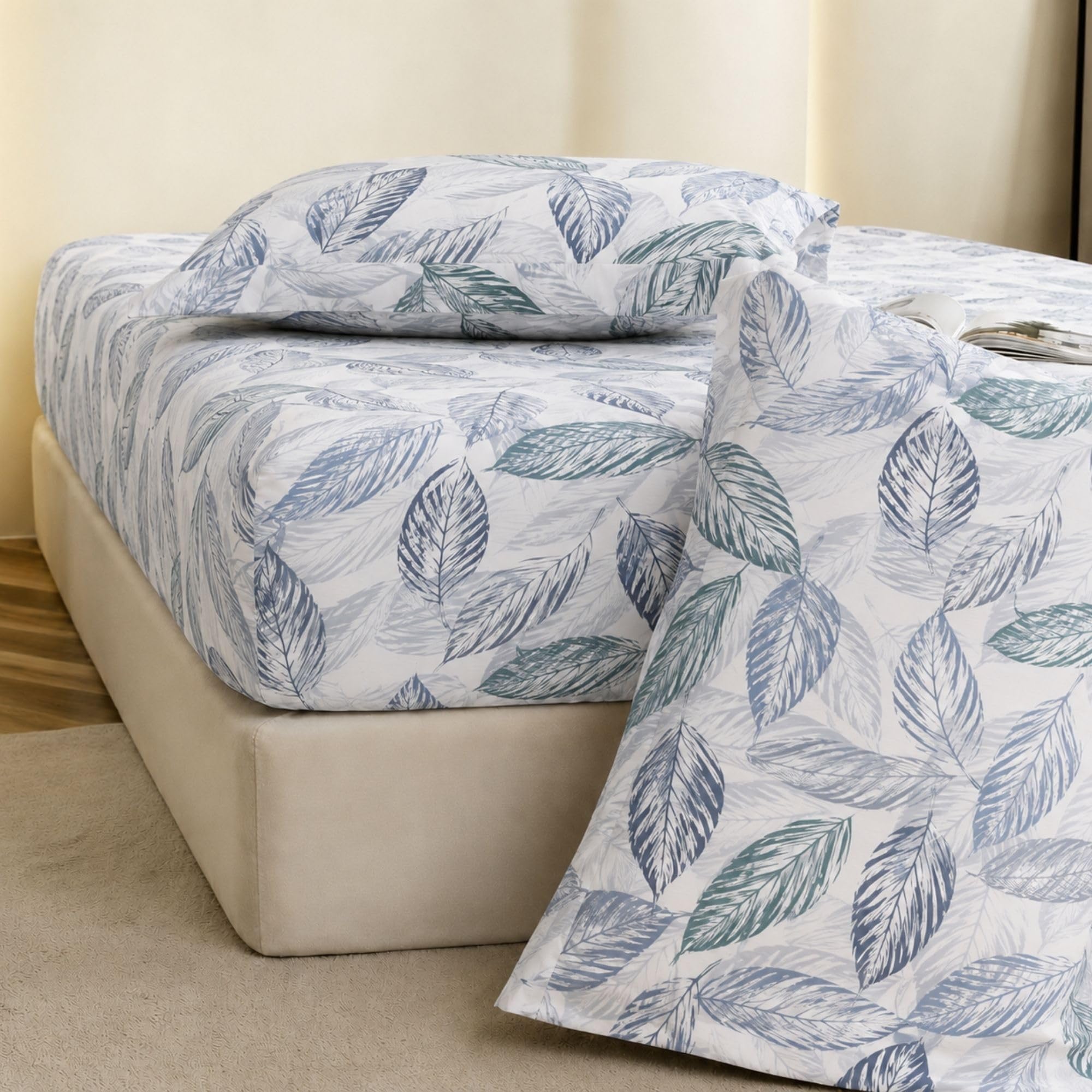 Jaipur Weaves King Size Elastic Fitted Bedsheet, 100% Pure Cotton King Size Fitted Bedsheet for Double Bed with 2 Pillow Covers, 240 TC, 72×78 Inches up to 8-inch Mattress, Leafy (Tealish Blue)