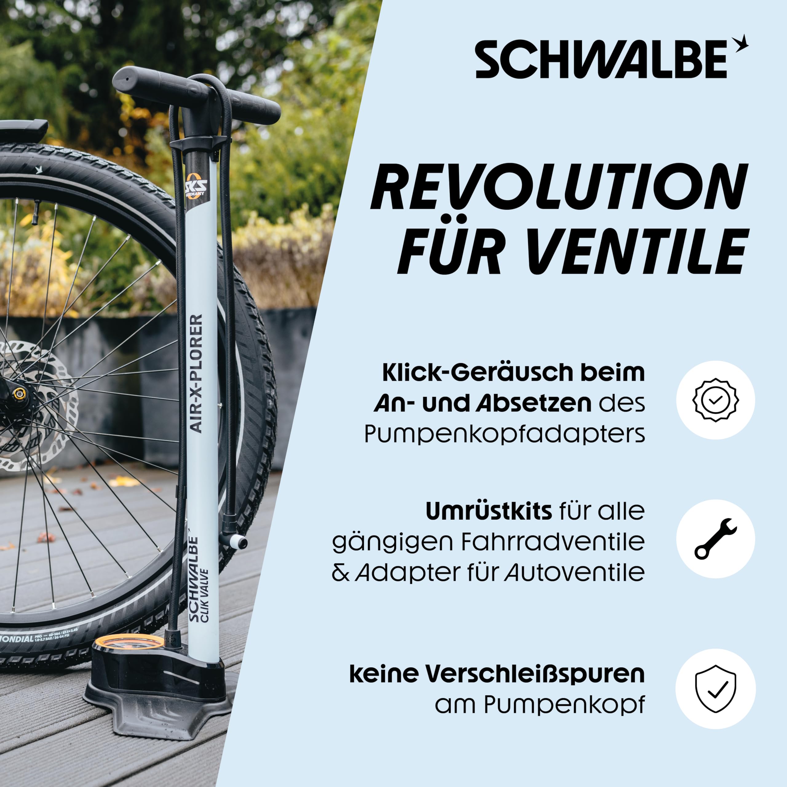 Schwalbe Clik Valve Conversion Set - Presta/SV Valve Conversion Kit with Pump Head Adapter - Innovation for Inflating Bicycle Tyres