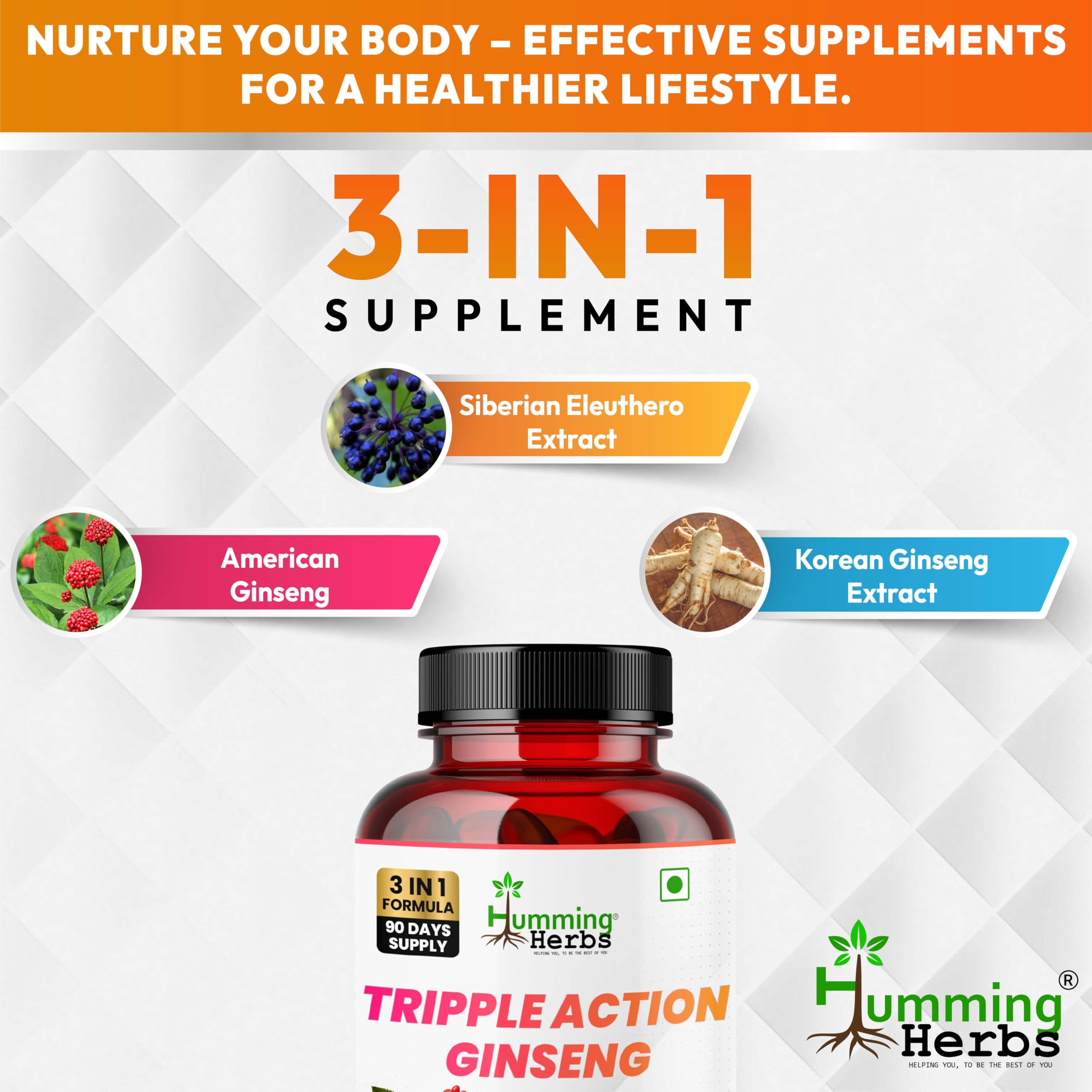 Humming Herbs Triple Action Ginseng with Red Korean, Siberian and American Ginseng Root Extract | Boost Energy and Immune Support - 90 Capsules 3