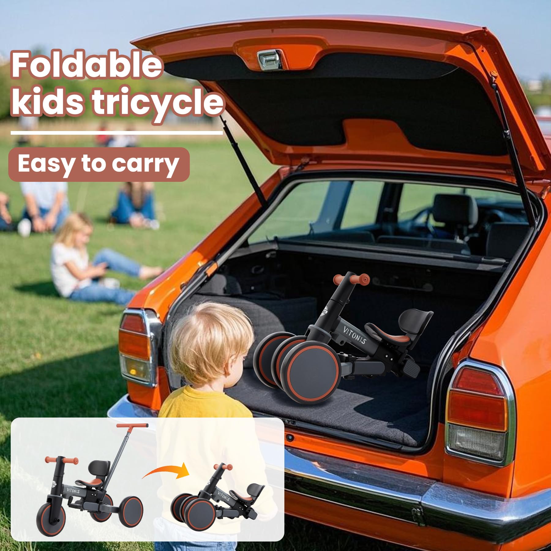 VITONIS bicicletta senza pedali da 1 anno, triciclo 5 in 1 con barra di spinta per bambini, girello per bambini da 1 a 4 anni Regali e giocattoli(grigio)