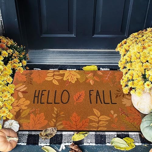 Miniatura 6 de Felpudo con texto en inglés Hello Fall, tapete de fibra de coco para entrada exterior, tapete de bienvenida de Acción de Gracias para puerta