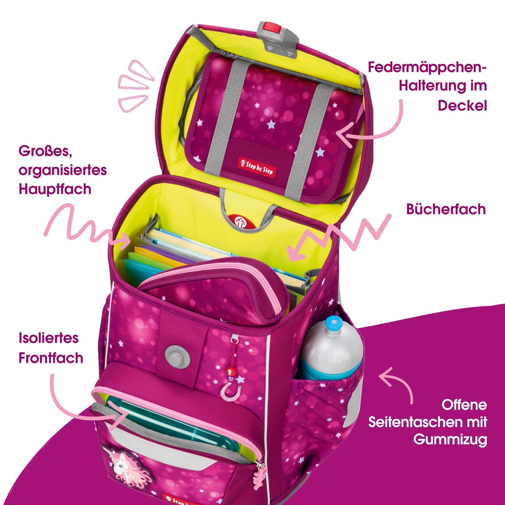 Step by Step Giant Schulranzen-Set „Sweet Unicorn Nuala“, 5-teilig, rosa, ergonomischer Tornister mit Reflektoren, höhenverstellbar mit Hüft- und Brustgurt, für Mädchen ab der 1. Klasse, 23 Liter