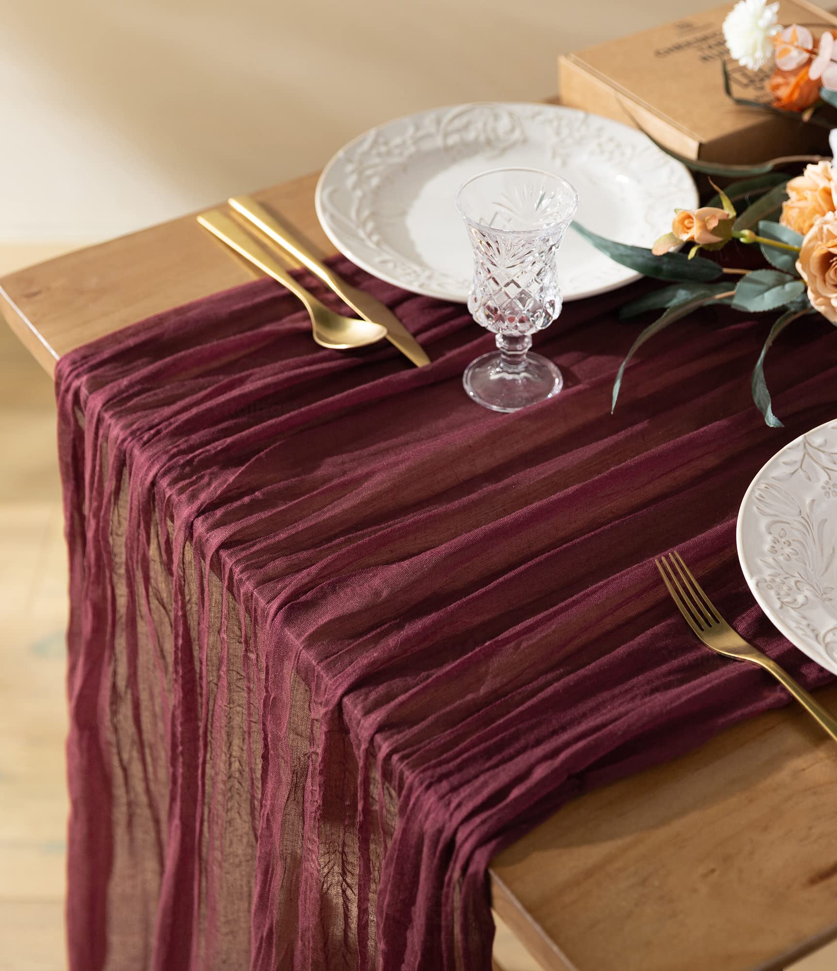 Vitalizart Cheesecloth Table Runner Burgundy Red 35 x 120 Inches Gauze Tablecloth 10Ft Boho Rustic Decorations for Wedding Decor Reception Bridal Shower Holiday Party