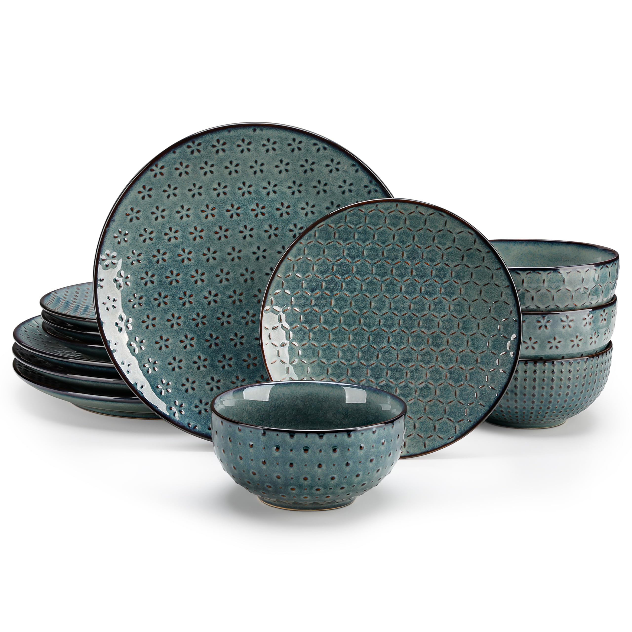 MALACASA Set di stoviglie da 12 pezzi, moderni set di piatti e ciotole, set di piatti verdi per 4 persone, piatti piani da cucina, set di stoviglie in ceramica per forno a microonde e lavastoviglie