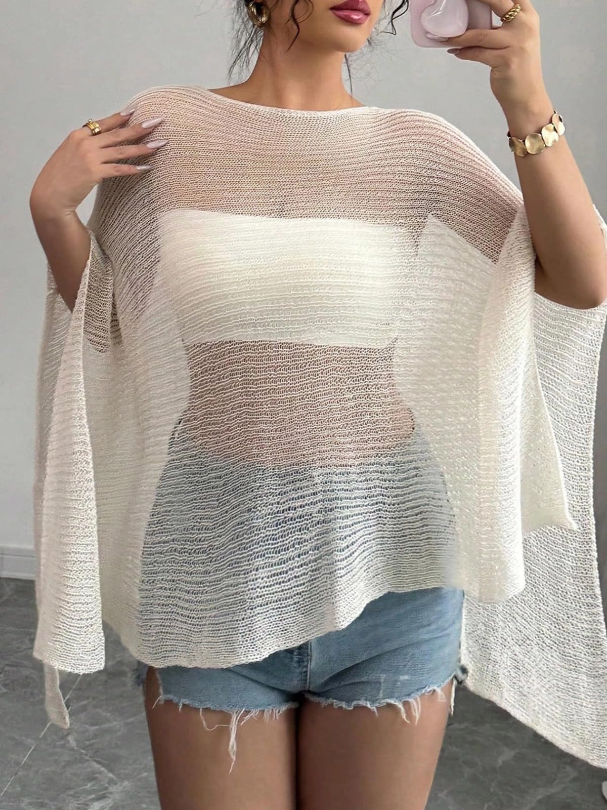 Damen-Poncho aus transparentem Strick mit 3/4-Ärmeln, leichtes Oberteil zum Überziehen