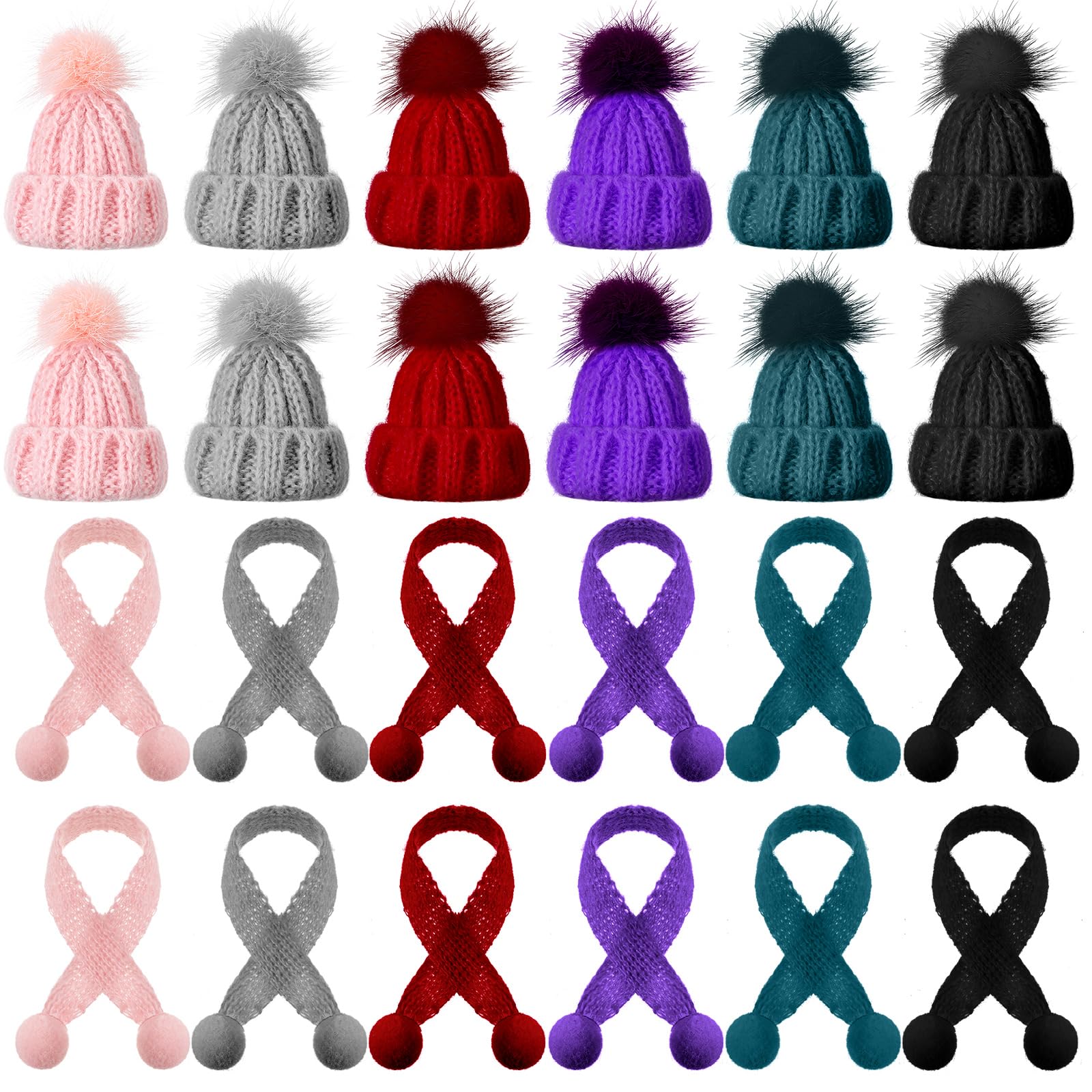 Bencailor 24 Pcs Mini Christmas Knitting Hats and Mini Christmas Scarf Set Knitting Doll Hat Scarf Santa Knit Hat Tree Ornaments for DIY Craft Art