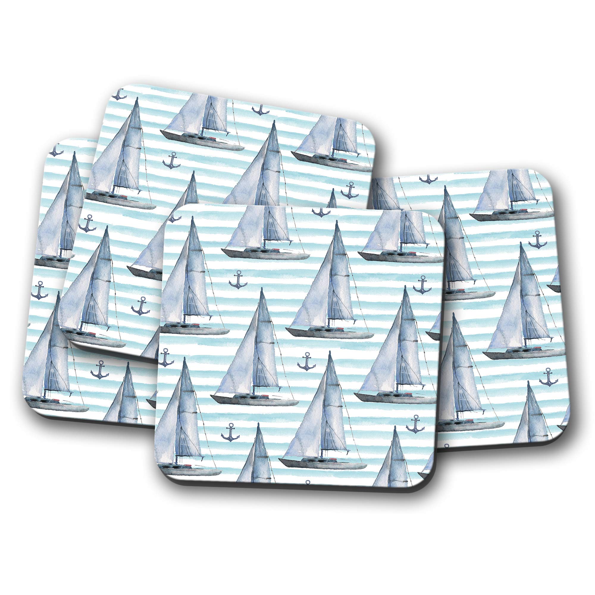 Destination Vinyl Ltd Multicolor 4 Set - Sailing Boat Pattern Coaster - Ship Nautical Anchor Blue Fun #12441