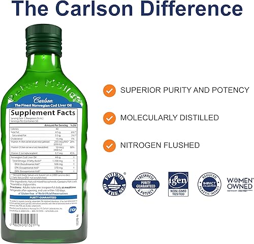 Miniatura 25 de Carlson - Aceite de hígado de bacalao para niños, 550 mg de Omega-3, Vitaminas A y D3, Noruego Salvaje, Goma de mascar, 8.5 fl oz