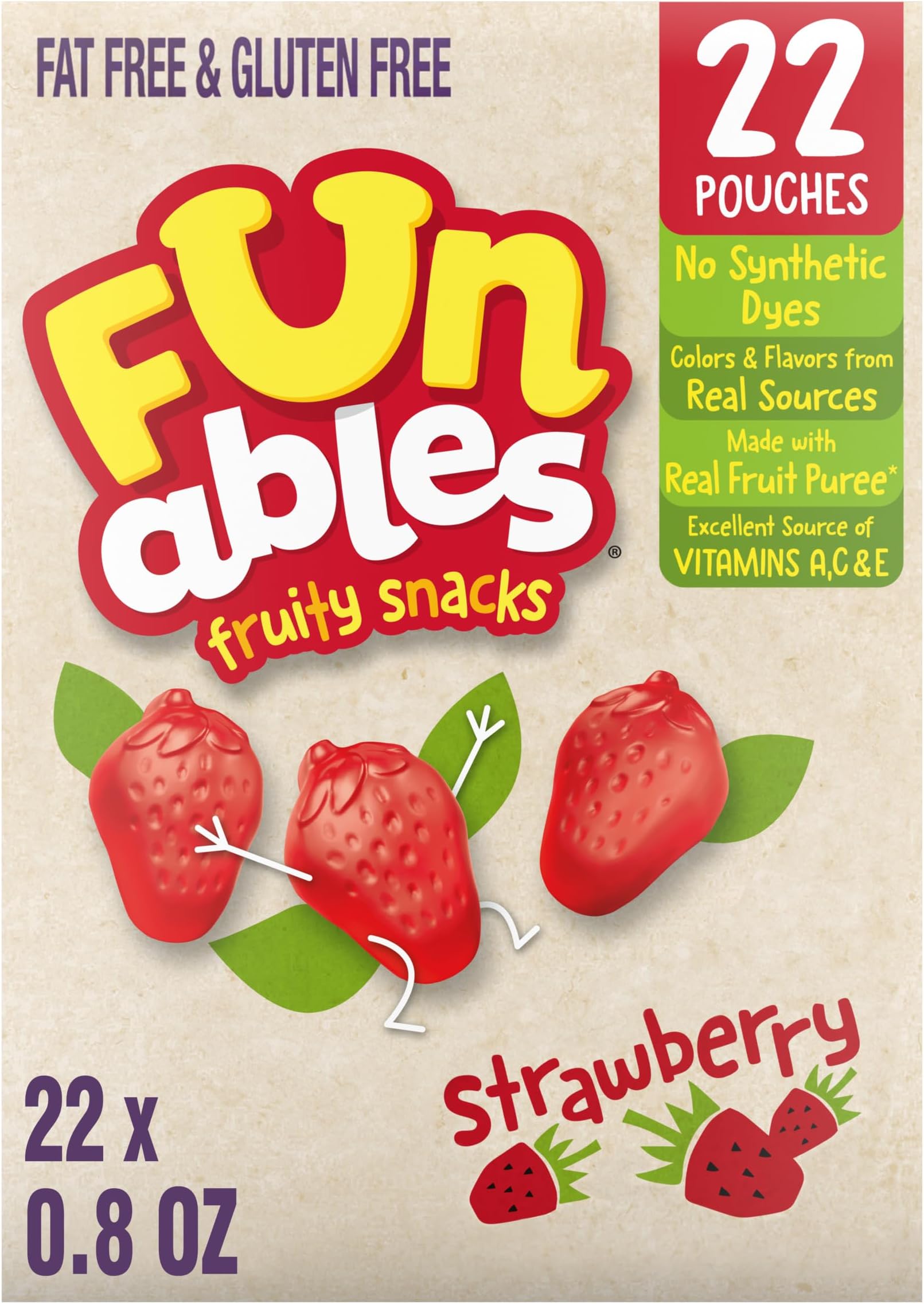Funables Fruit Snacks, Strawberry Fruit Flavored Snacks, 0.8 Ounce Pouches (22 Count)