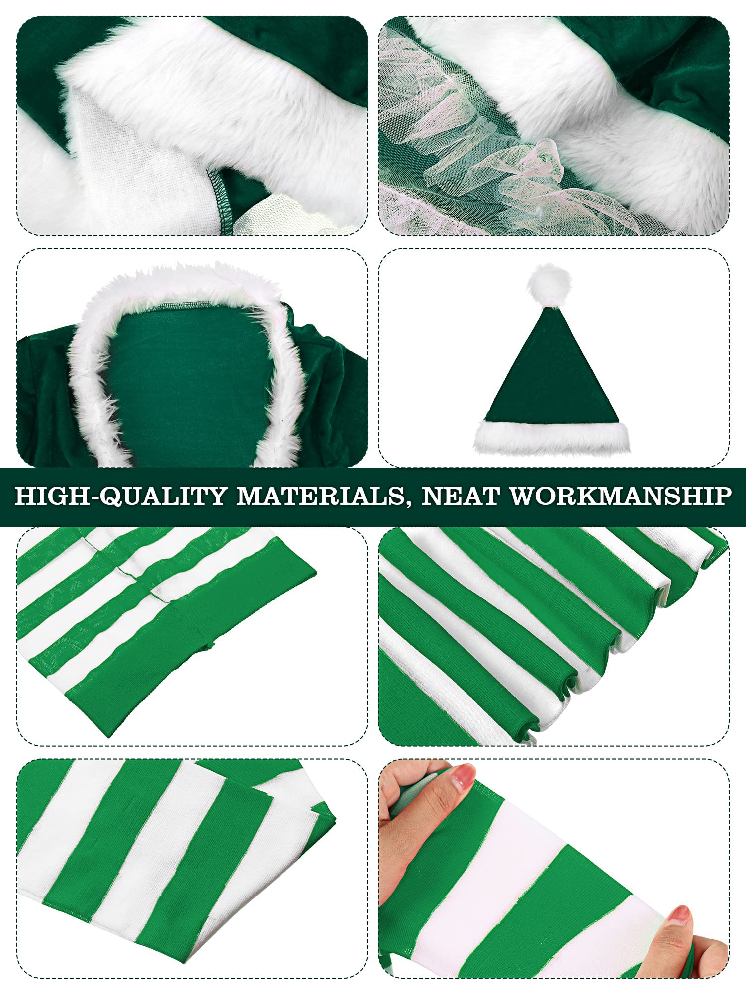 Set de Costume Mère Noël Santa Claus Femme Set de Robe de Noël en Velours avec Ceintures Collants à Rayures Chapeau de Père Noël Déguisements Cosplay, Taille est Petit