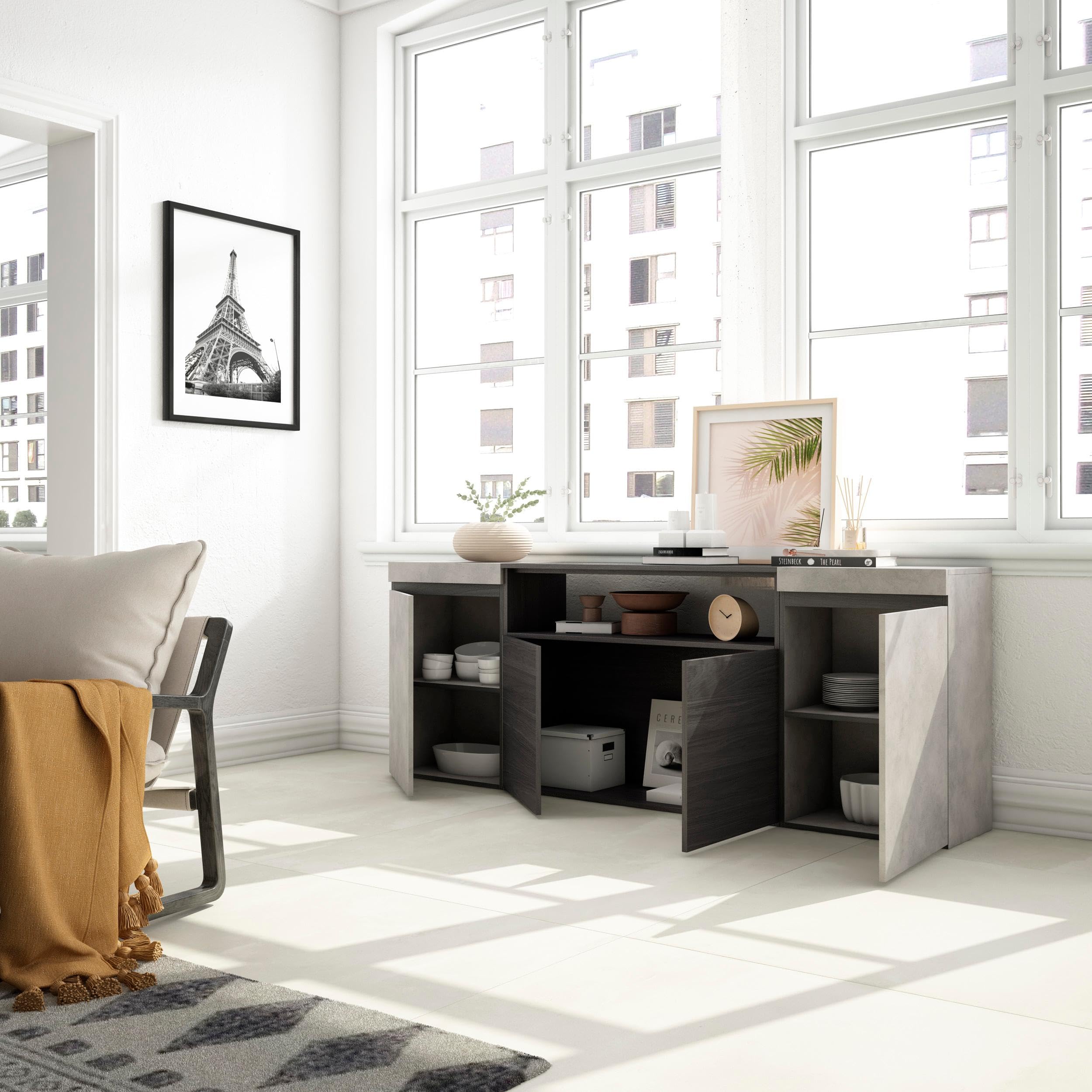 Skraut Home | Credenza, Mobile, Cucina | Madia, mobile ingresso | 200x75x35cm | 4 Porte | grande stoccaggio | Stile moderno | Cemento