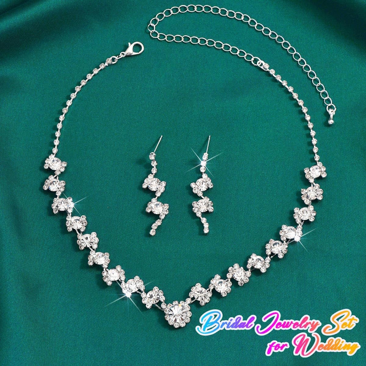 Aukmla Rhinestone Bridal Wedding Jewelry Set Sparly Crystal Bride Necklace Earring Sets Prom Jewelry for Women - Image 2