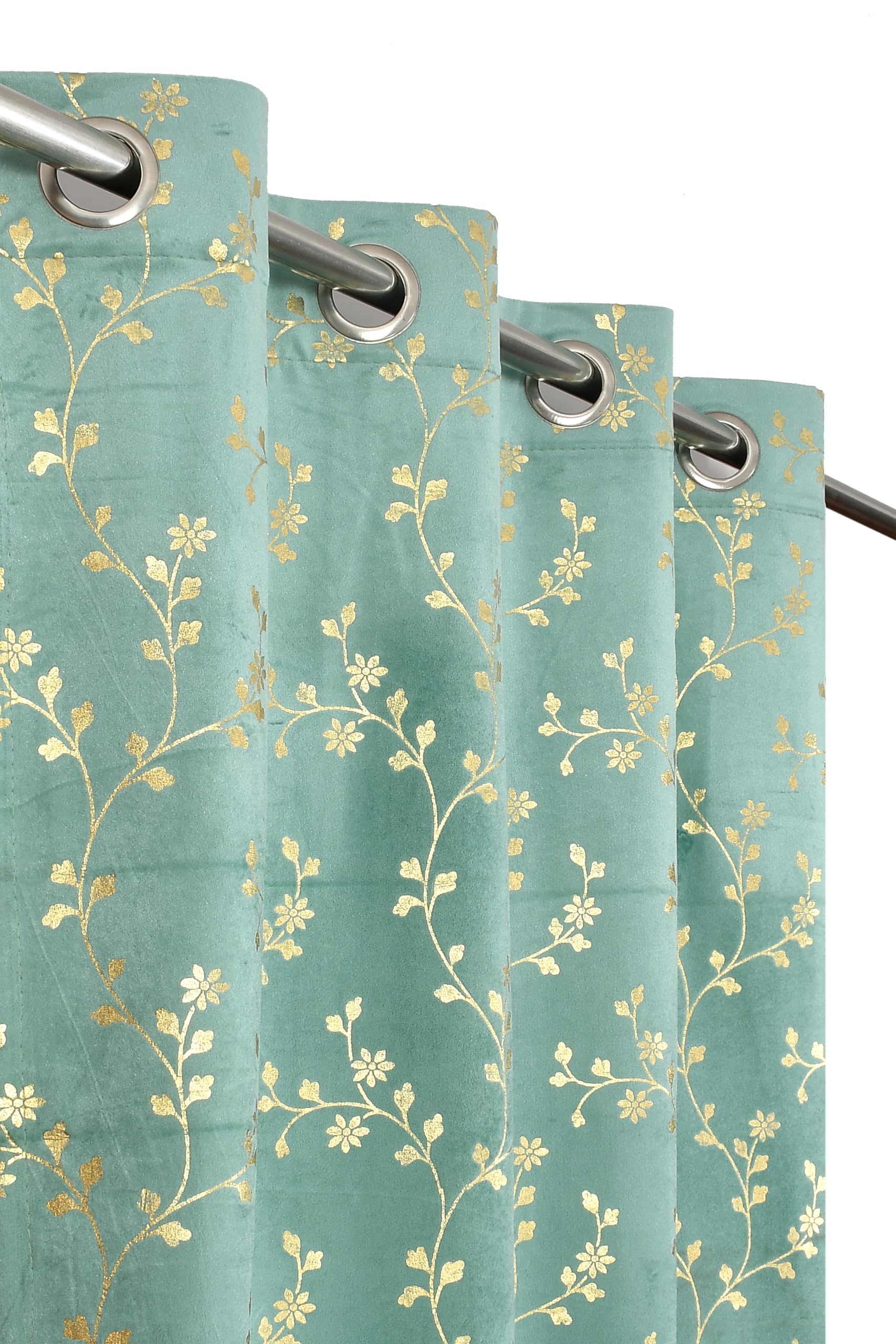 Heavy Velvet Fabric Luxury Looks Room Darkening Floral Designer Grommet Curtains 9 Feet for Long Door, Aqua Island, Pack of 2 Pieces