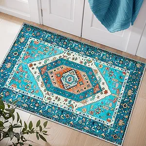 SERISSA Boho Rugs for Entryway, 2x3 Blue Entryway Rug Non-Slip Washable Small Area Rug, Ultra Soft Oriental Vintage Low-Pile Indoor Door Mat Floor Carpet for Entrance Bedroom Kitchen Bathroom