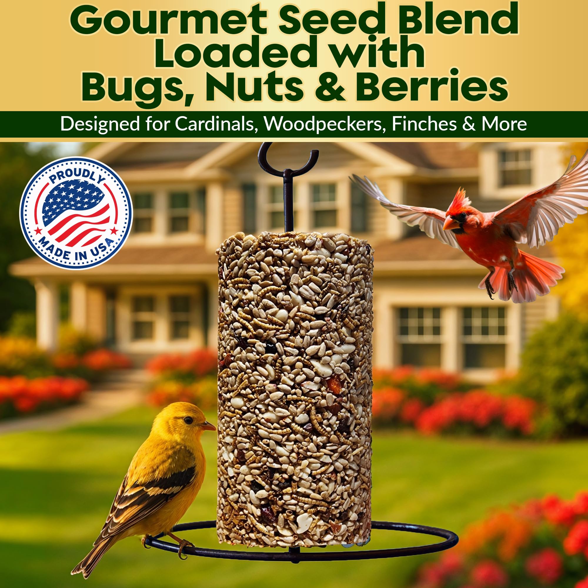 Cilindro de semillas de pájaros con agujero, frutos secos y bayas, alimento para pájaros carpinteros, Blue Jays, trepadores y más, mezcla natural rica en proteínas de alta calidad, sin rellenos
