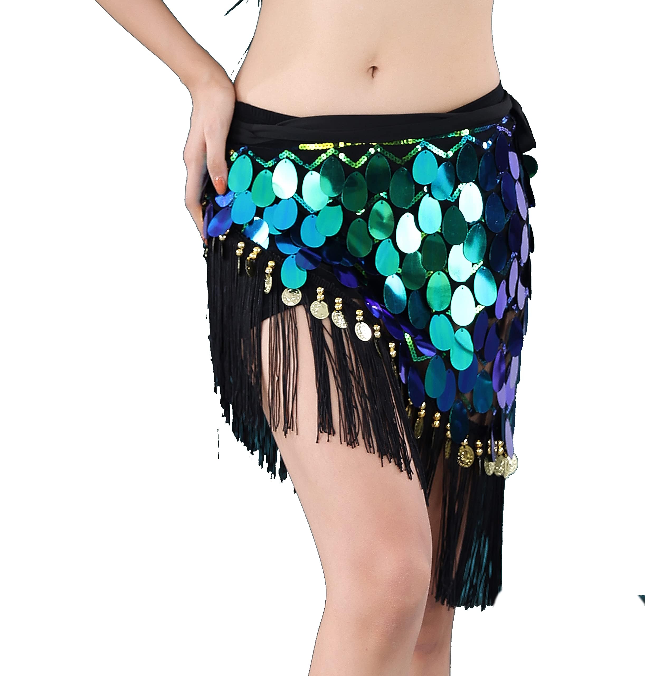 Belly Dance Hip Scarf, Glitter Fringe Triangle Wrap Belt Sparkle Skirt for Women Outfit Accessory with Tassel Sequins for Women Girl Latin Zumba Yoga