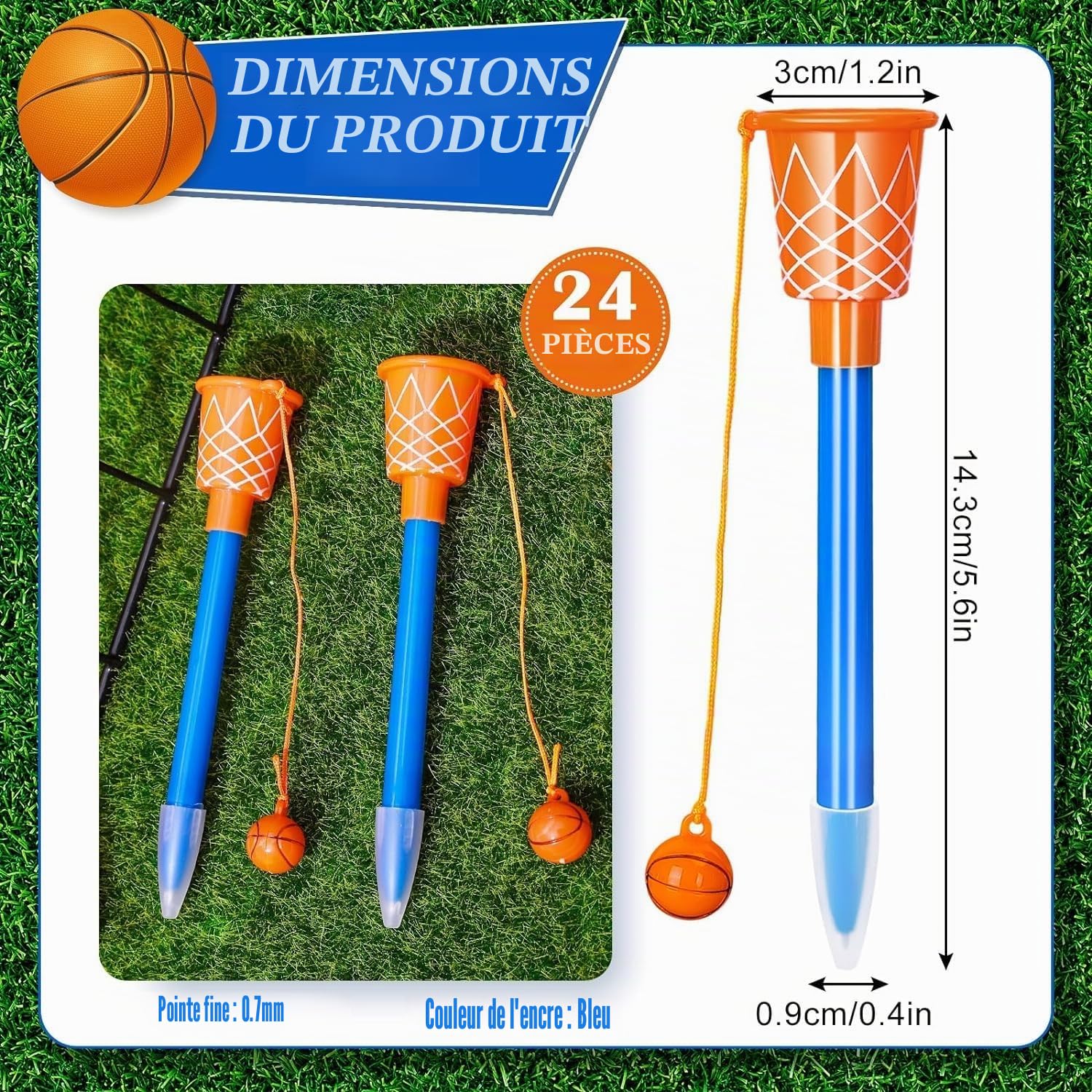 LATERN 24 Pièces Stylo à Bille de Basket-Ball avec Cerceau, 14CM Stylos à Encre Bleue de Basket-Ball Stylo à Pointe Fine de 0,7mm Stylo D'Écriture à Prise Souple pour Étudiants Enfants École Bureau