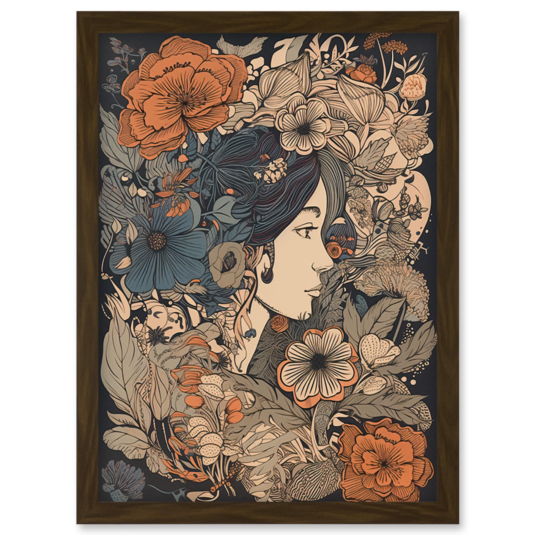 Artery8 Woman Floral Profile Portrait Boho Art Nouveau Framed Wall Art Print A4