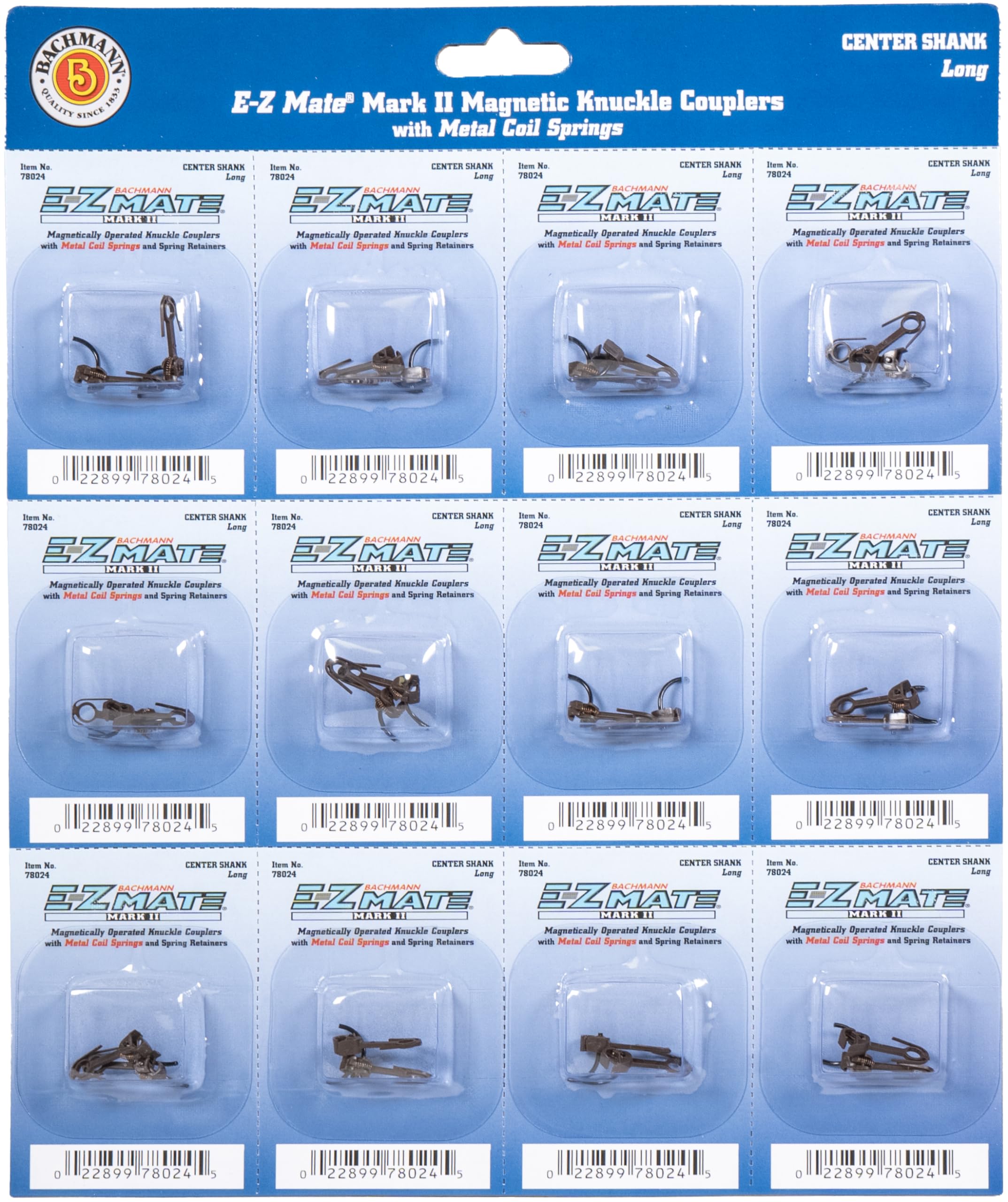 Bachmann Trains E-Z Mate Magnetic Knuckle Couplers - Center Shank - Long (Card of 12)