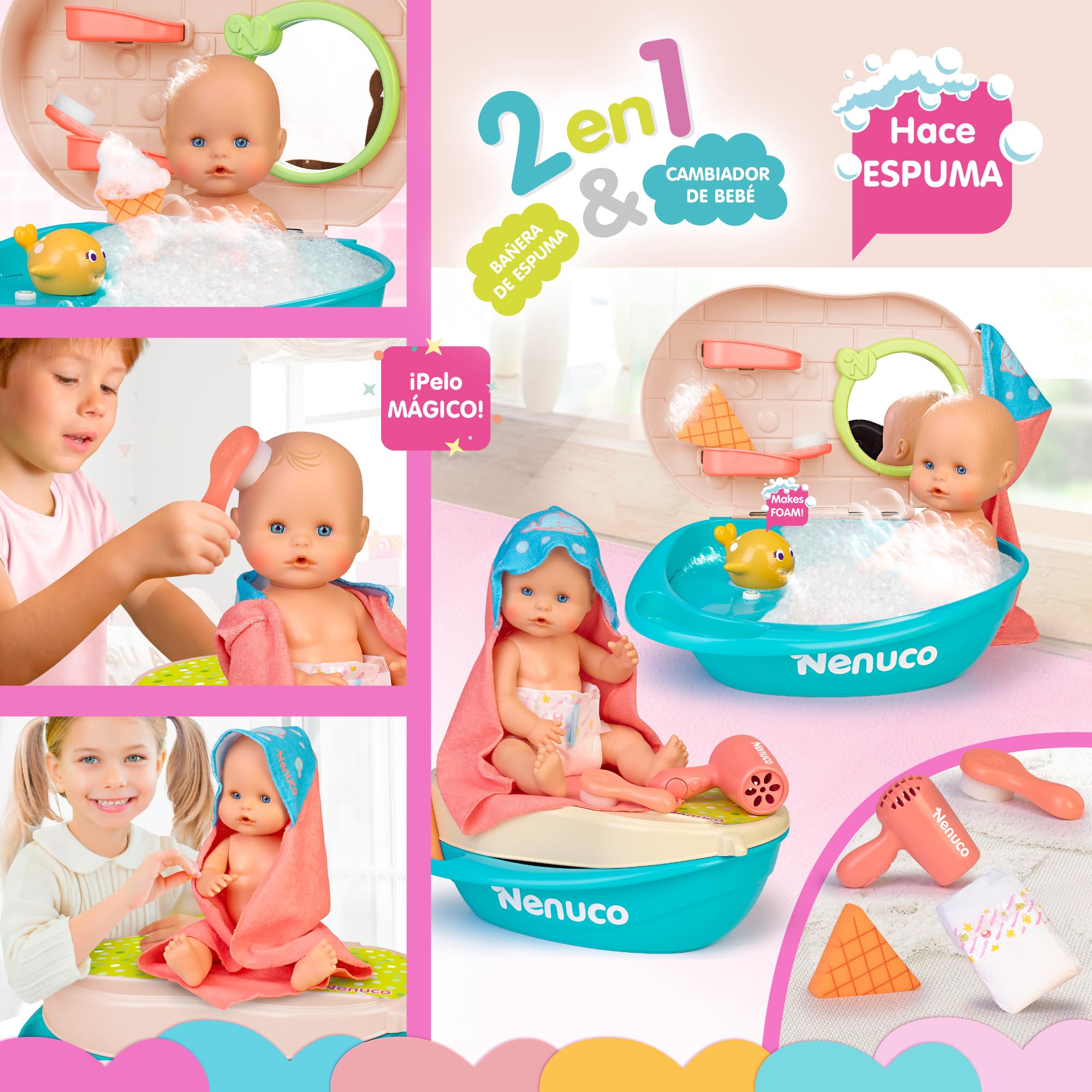 Nenuco Lalka do kąpieli z bąbelkami, 35 cm ze sztywnym ciałem i magicznymi włosami, z akcesoriami 2 w 1: wanna i przewijak, pije i siusiu, +3 lata, znana (NFNA0000)