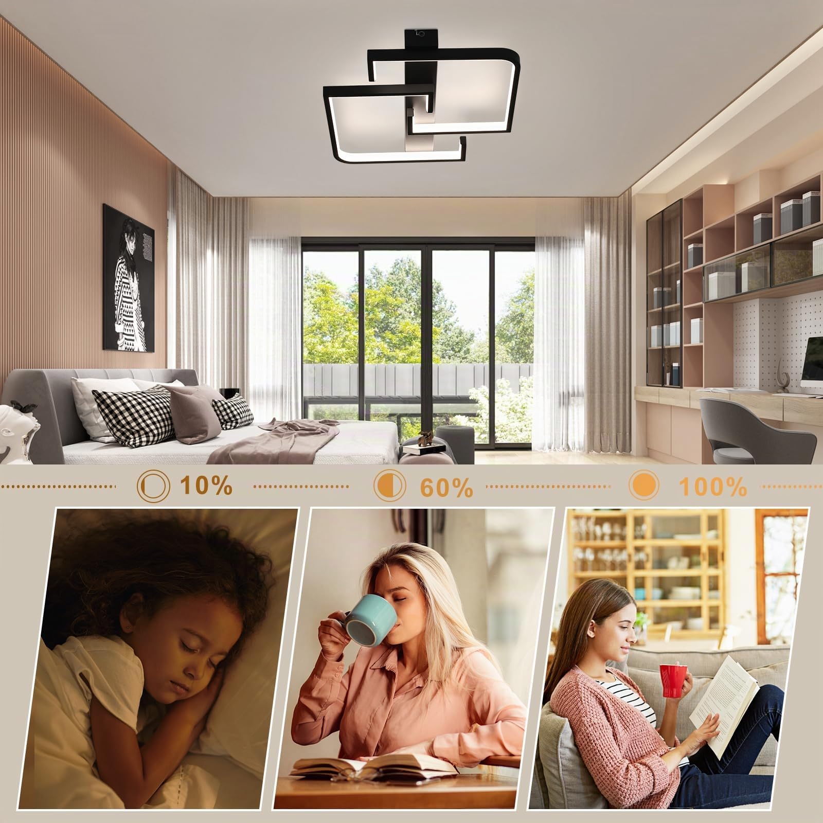 CBJKTX Plafonnier LED dimmable avec télécommande noir pour salon 45W 60CM,