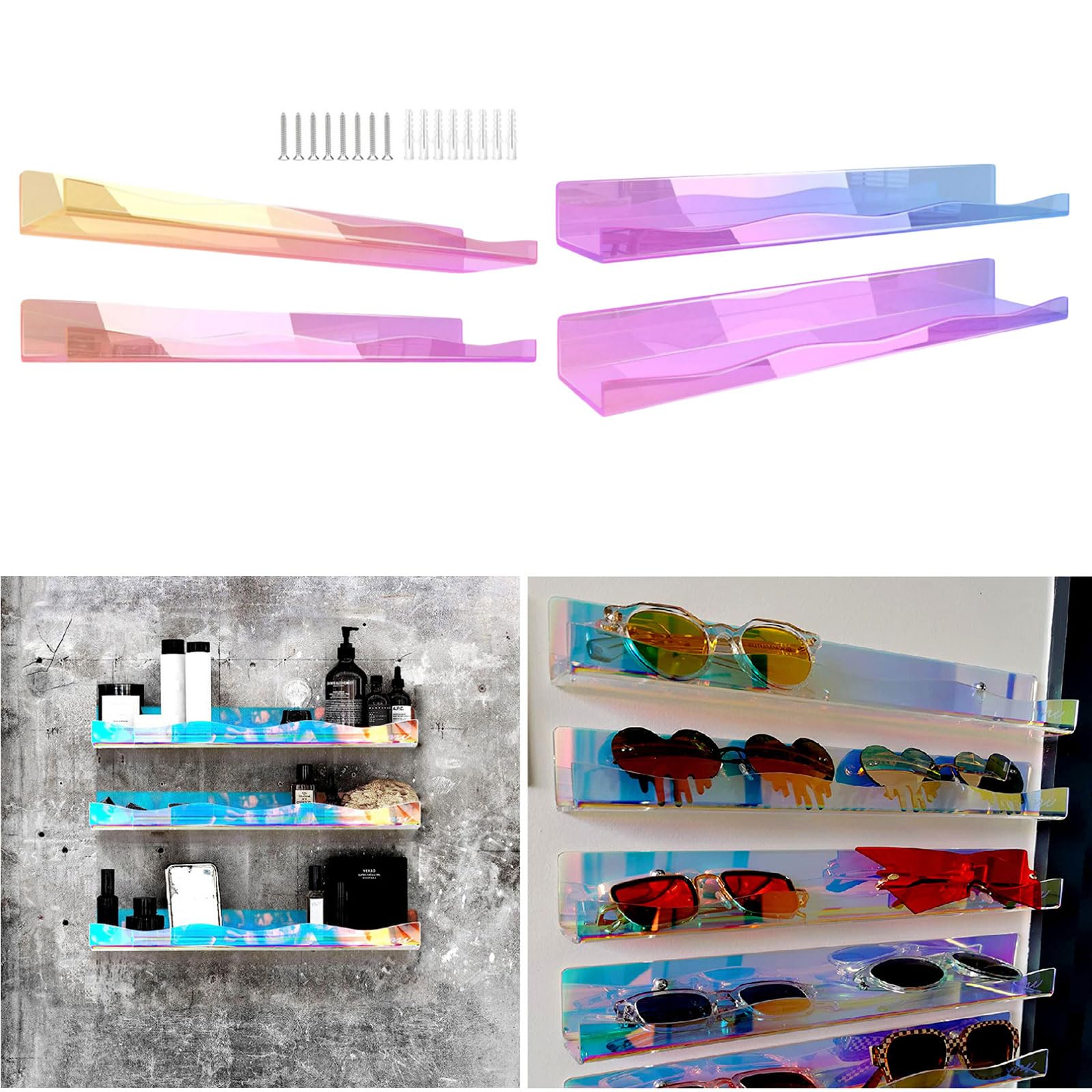 Paquete de 4 estantes flotantes acrílicos coloridos prácticos estantes de exhibición de libros acrílicos resistentes estantes flotantes de almacenamiento de pared