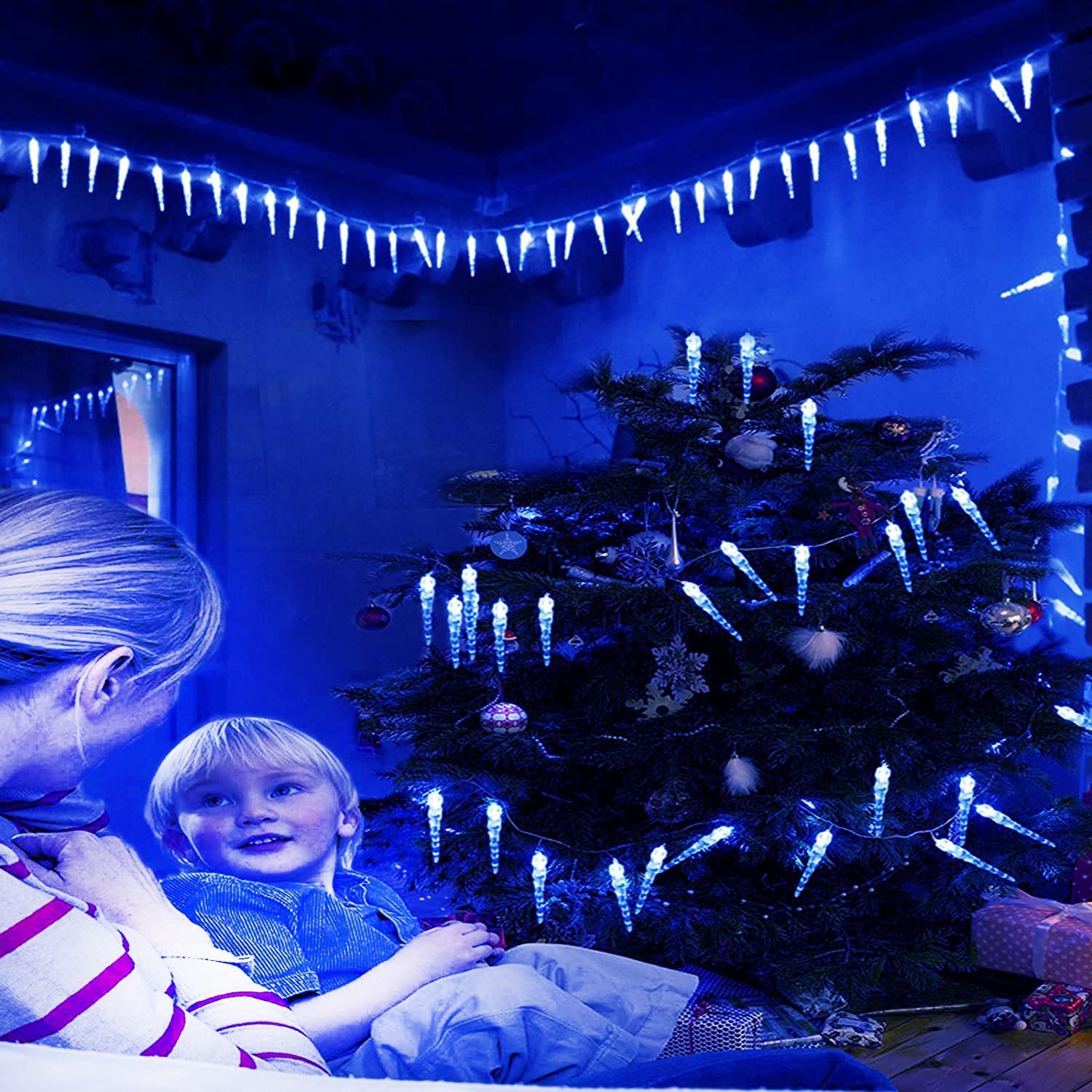Eiszapfen Lichterkette Außen Solar, 23ft 50 LED Wasserdicht 8 Modi Eisregen Weihnachten Außenlichterkette für Innen Außen Garten Fenster,Traufe,Vorbau (Blau)