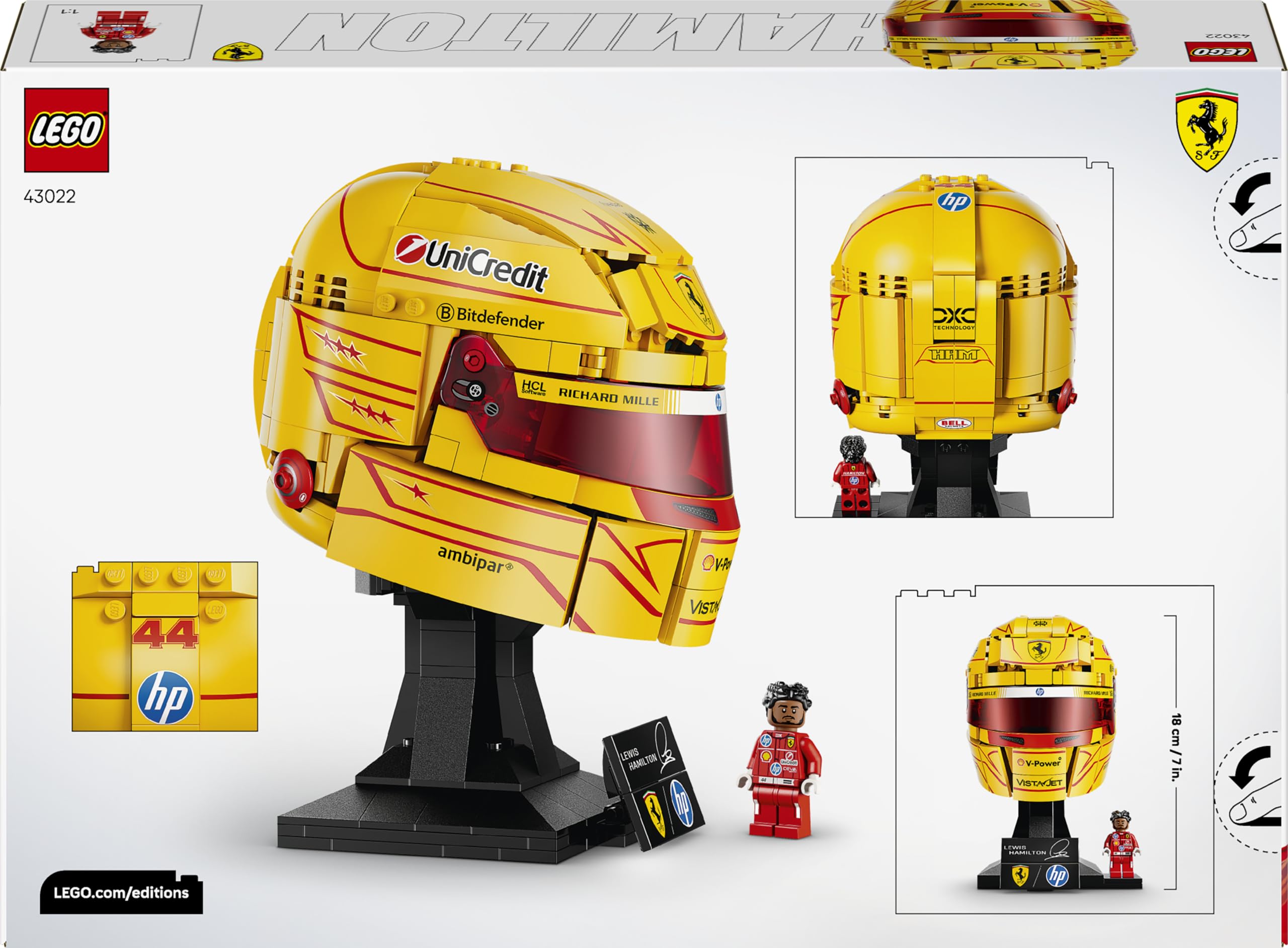 LEGO Editions Scuderia Ferrari HP Lewis Hamilton Helm - F1 Merchandise - Ausstellungsmodell Bausatz mit sammelbarer Minifigur - Geschenk für Jungen ab 14 Jahren und Erwachsene Motorsportfans - 43022