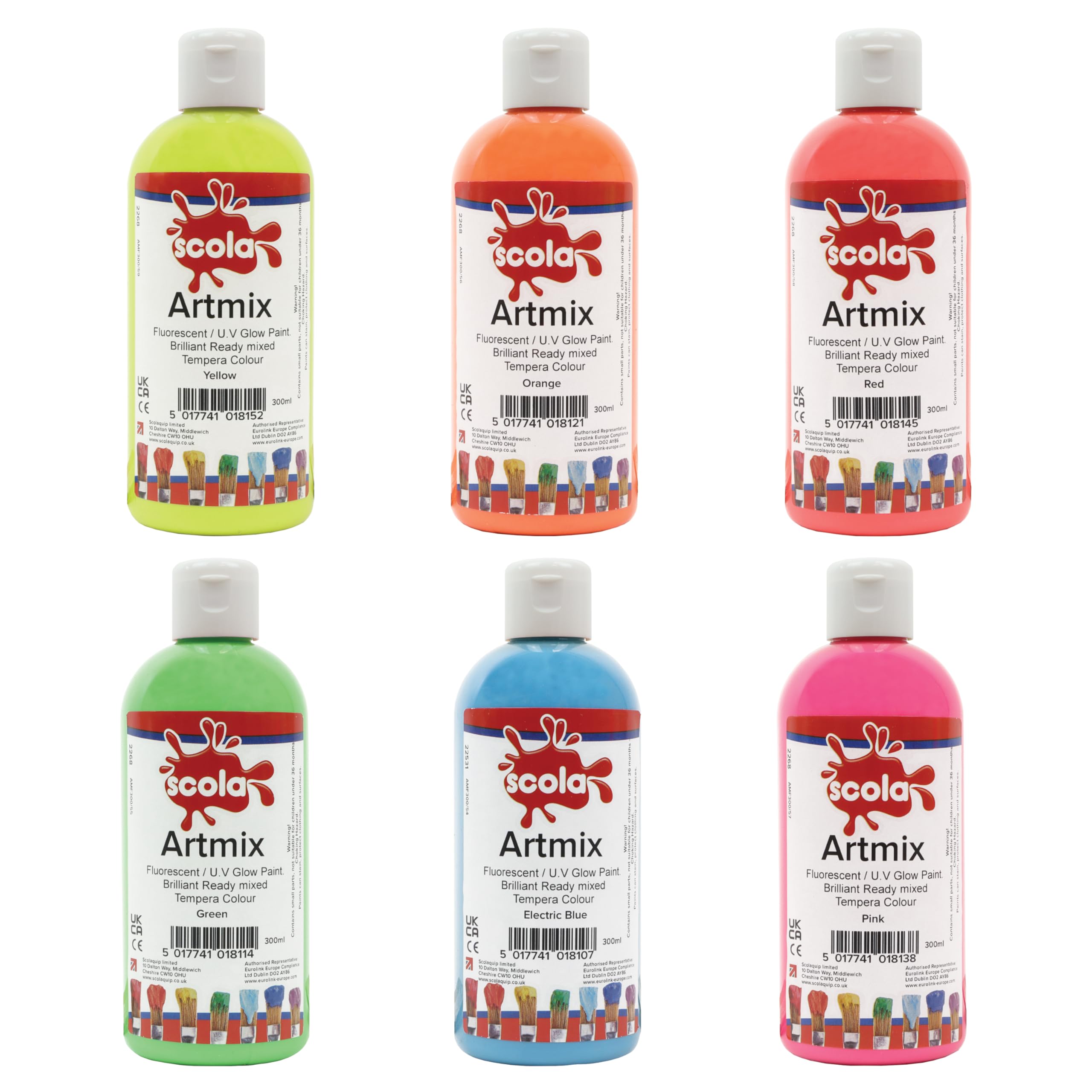 Scola Readymix Water Based Tempera Paint, 6 Fluorescent Colours, 300ml Bottles, Safe Non-Toxic Poster Paints, Craft Projects, Suitable for 3+