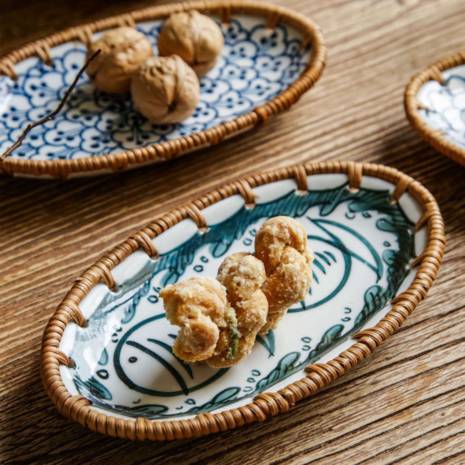 talerz obiadowy, Podzielone talerze obiadowe, talerz Diet Control, mały ceramiczny deserowy, zestaw 2 talerzy na przekąski z rattanu(B)