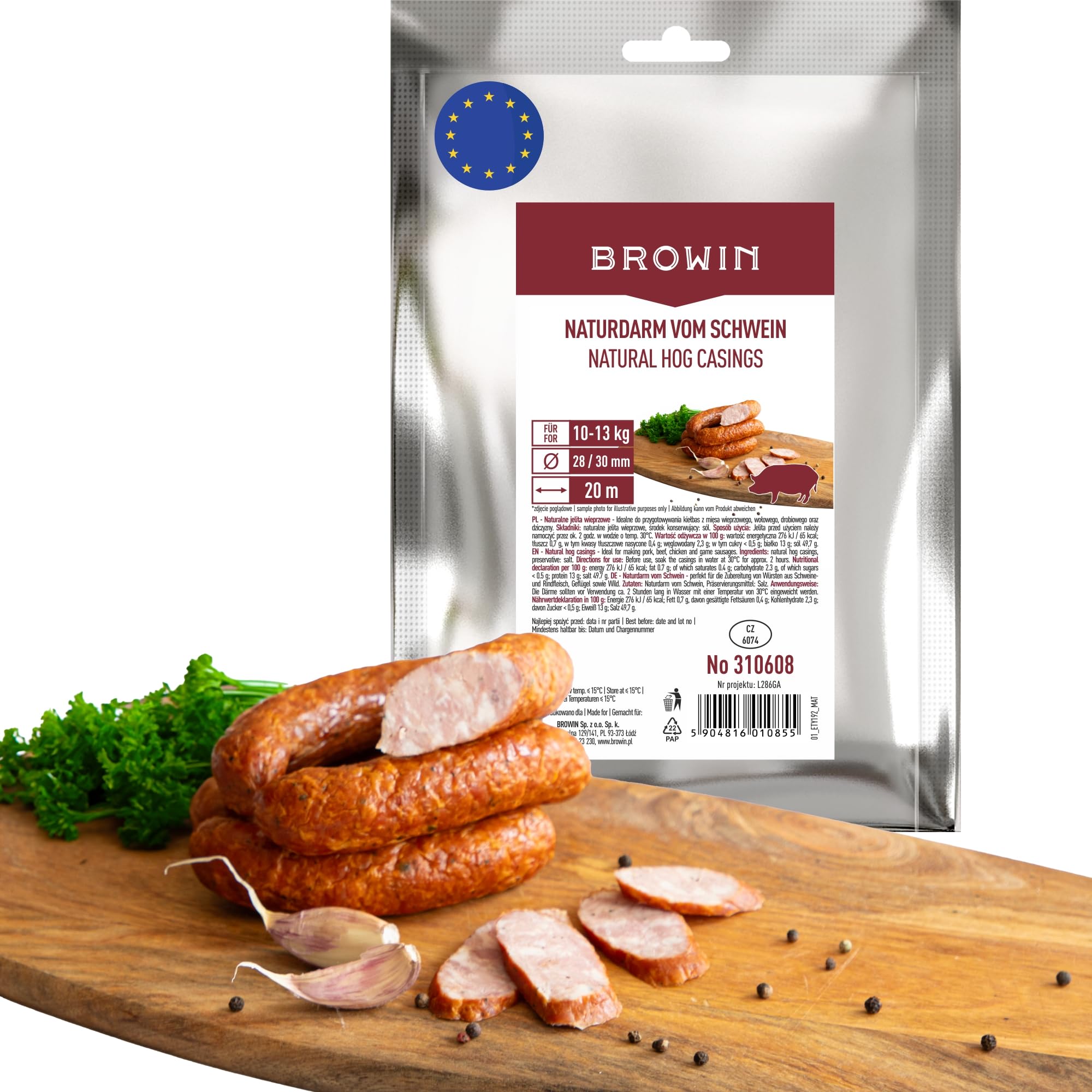 BROWIN® Naturdarm für Wurst | Premium Naturdarm für hausgemachte Würstchen, Wacholderwurst, Weißwurst, Bratwurst (Kaliber 28/30 m, 20 Meter, Schweinedarm)