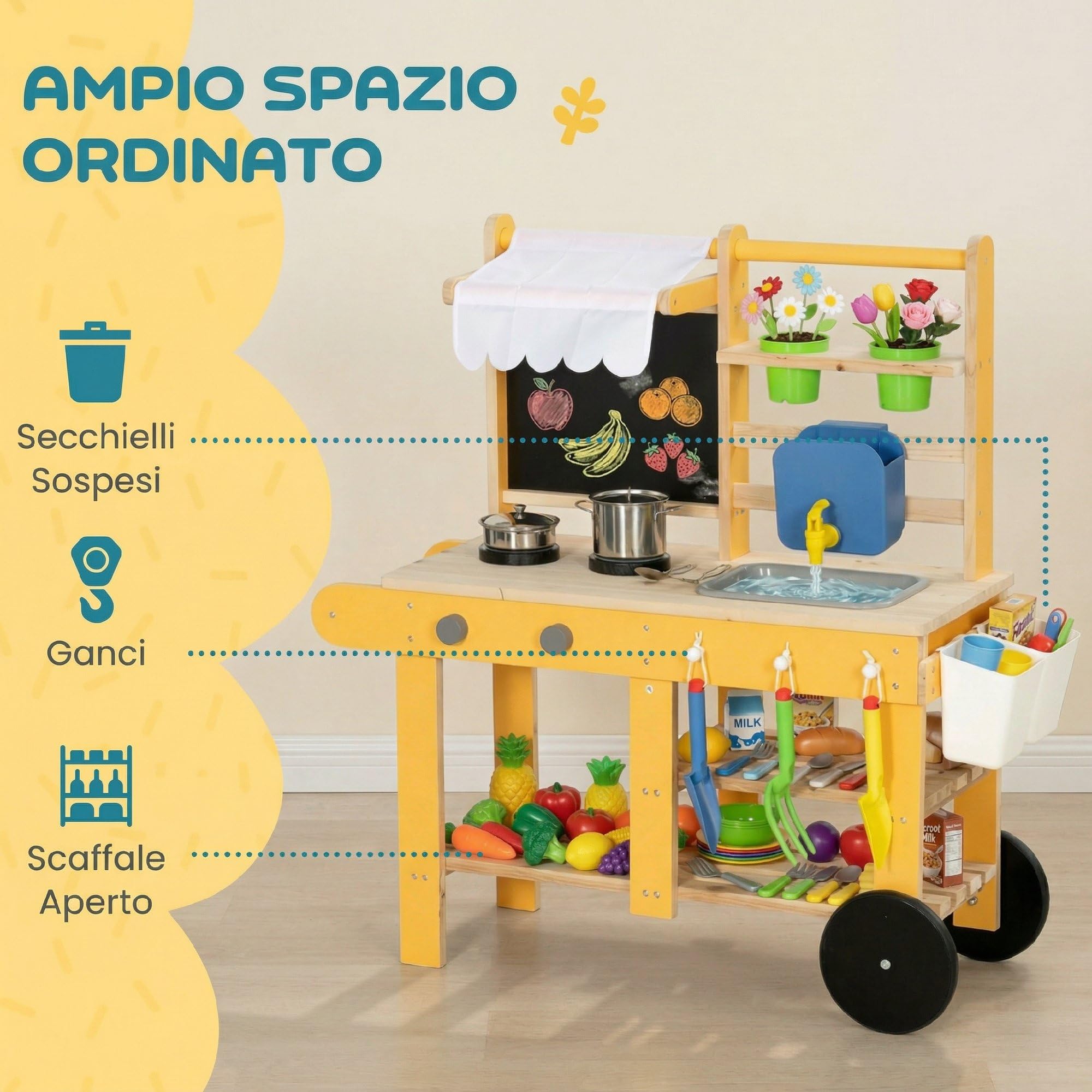 AIYAPLAY Cucina Giocattolo per Bambini, Cucina in Legno per Bambini con 2 Portavasi, Ruote, Fornello, Lavagna, Lavandino, Ripiano e 15 Accessori, 3+ Anni