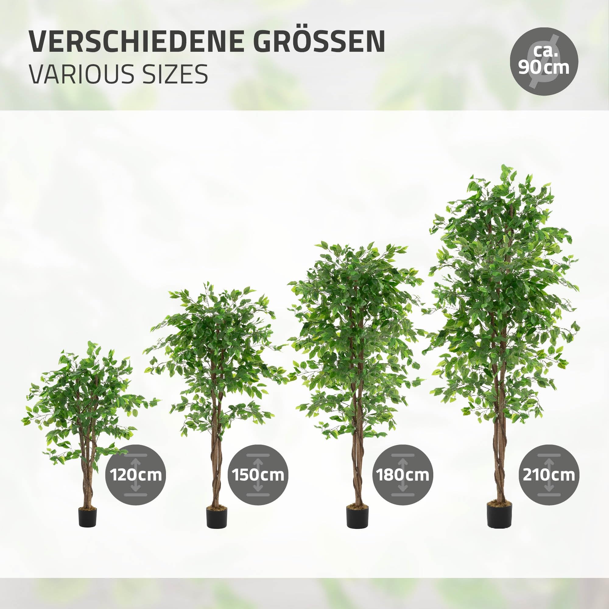 ML Design - Pianta artificiale Ficus, 120 cm, piante artificiali grandi come vere, finte da interno con tronco in legno naturale, per interni ed esterni, facile da pulire, per soggiorno e ufficio
