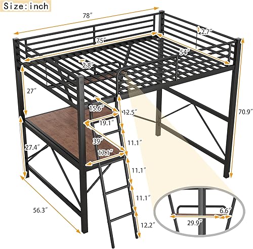 Miniatura 2 de Cama tipo loft de tamaño matrimonial con escritorio y estante de almacenamiento, cama alta de metal resistente tamaño matrimonial con escalera y