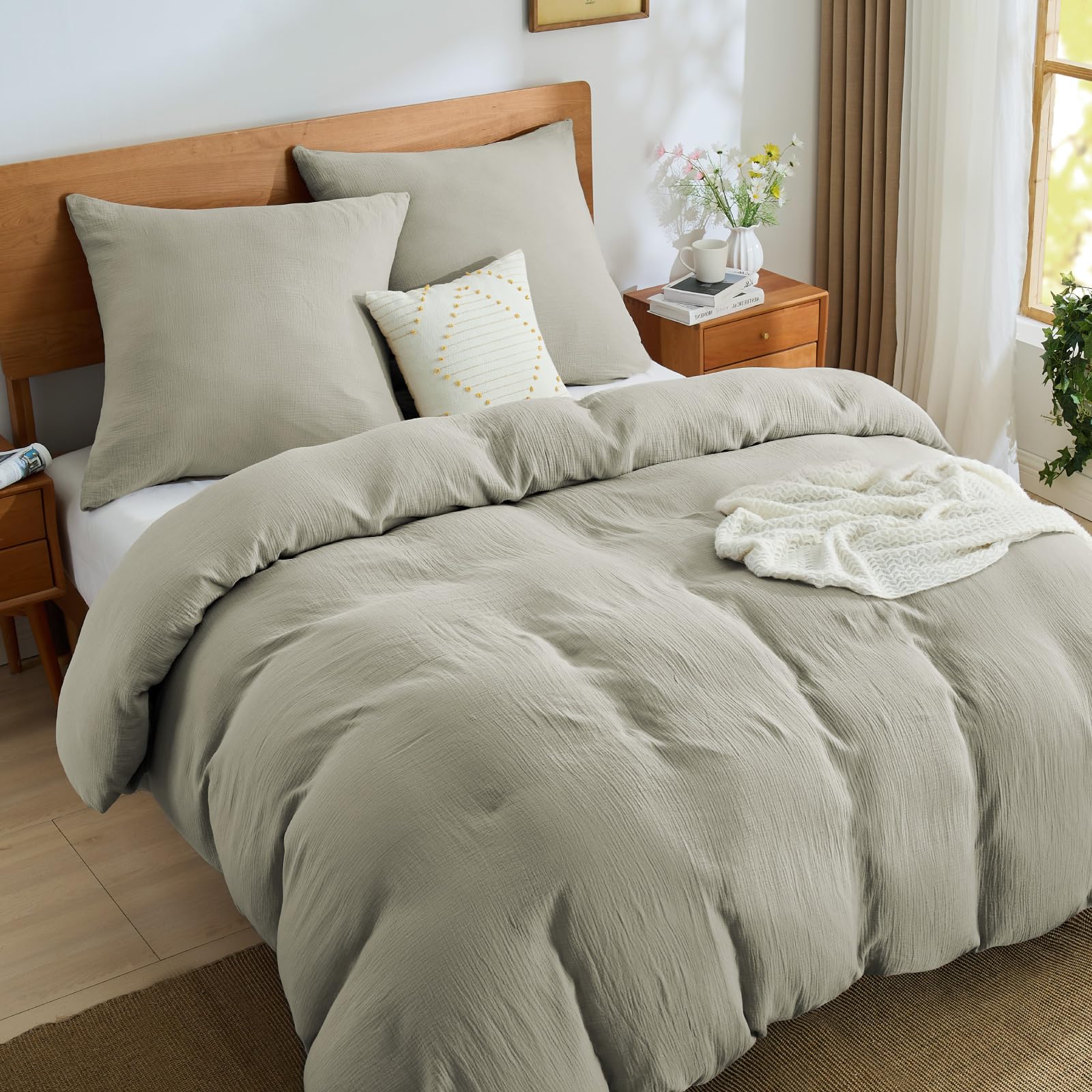 BEDELITE Musselin Bettwäsche 155x220 Baumwolle - ÖKO-TEX Bettwäsche-Sets Taupe 3teilig mit Reißverschluss, Bettbezug 155x220cm mit 2 Kissenbezüge 80x80 cm, weiche und atmungsaktiv