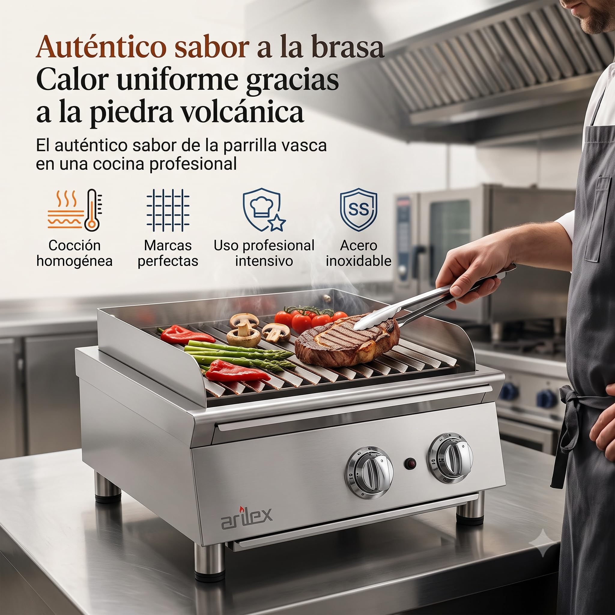 Parrilla Vasca a Gas Profesional 40 cm con Piedra Volcánica, 2 Quemadores, Parrilla de Acero Inoxidable Regulable en 3 Alturas, 5,5 kW, 40VASN