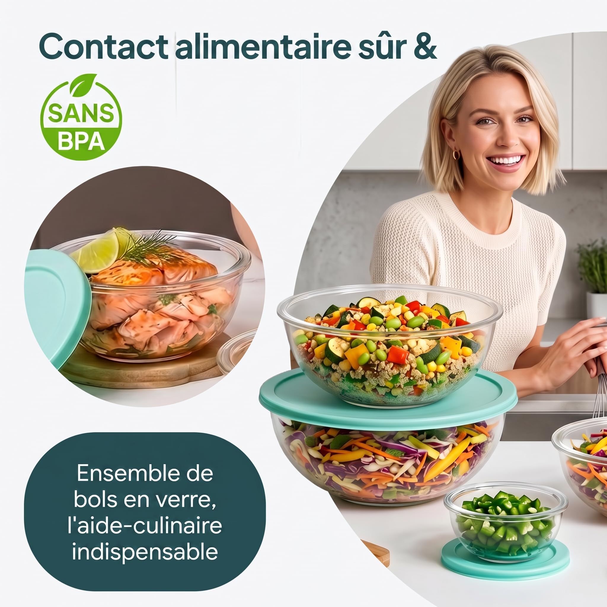 uandu Lot de 5 Saladiers en Verre avec Couvercle – Bol en Verre Borosilicaté Sans BPA, Empilables, Compatibles Four, Micro-ondes et Lave-vaisselle, 189-3312ml, Grand Saladier pour Cuisine