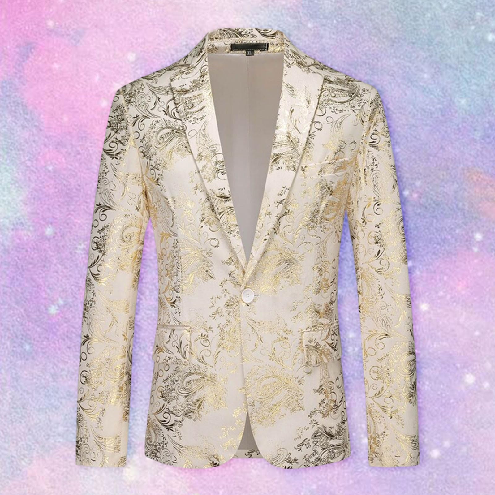 Generisch Pailletten Sakko Herren Gold Glitzer Blazer Slim Fit Hochzeit Mantel Langarm Mantel Anzug mit Blumenmuster Herrenjacke Performance-Kostüm für Hochzeit und Party Formelle Kleidung
