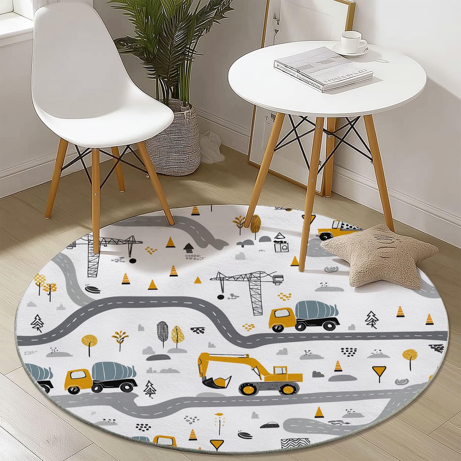 Tappeto rotondo in flanella100 cm, Morbido Cartone animato Veicoli da costruzione Strada Tappetini Antiscivolo Tappeto per Bambini Cameretta Cucina Casa Zona Balcone Tappet Tavolino Colorato