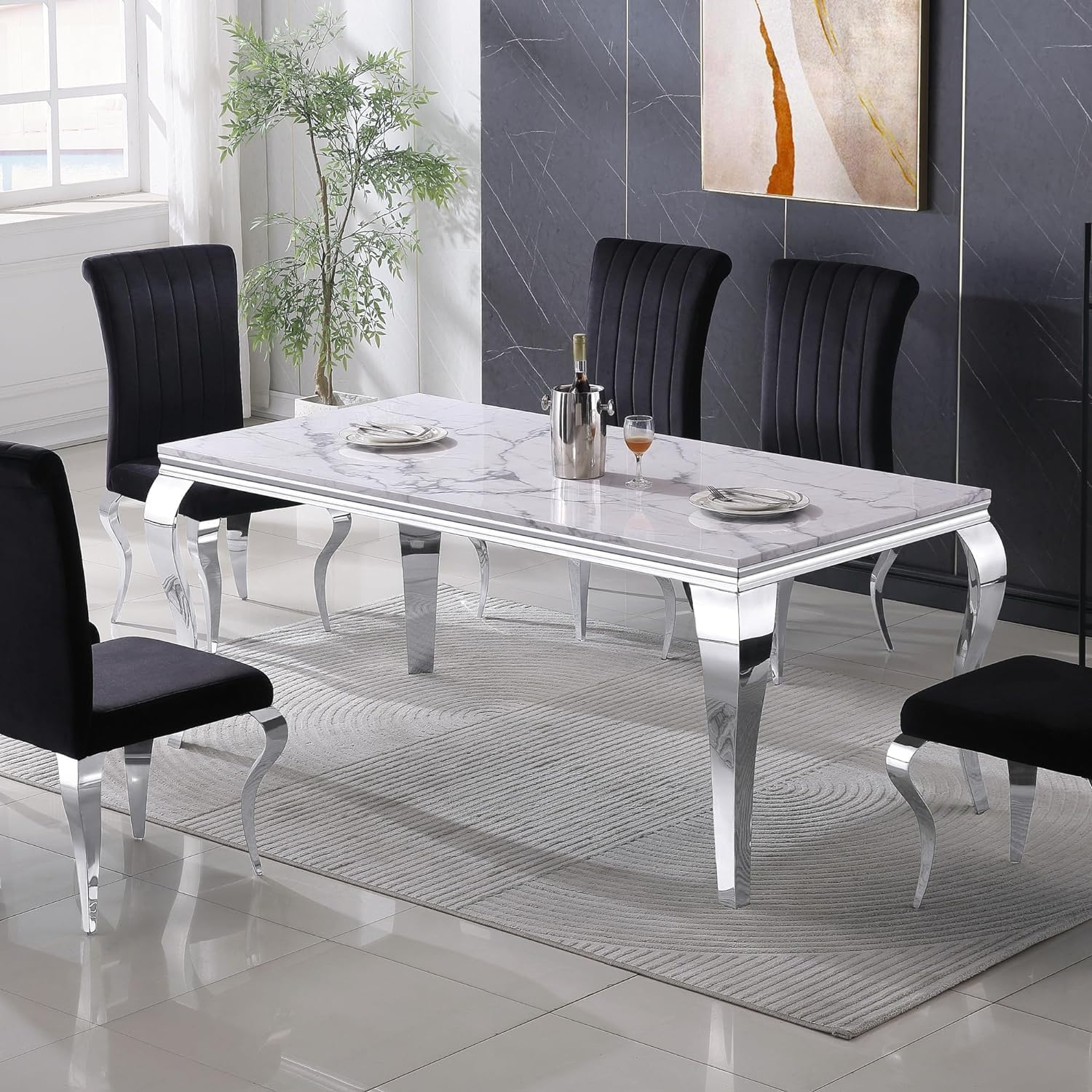 Large Marble Dining Table for 68, Luxury Silver 70" Rectangular Kitchen Table